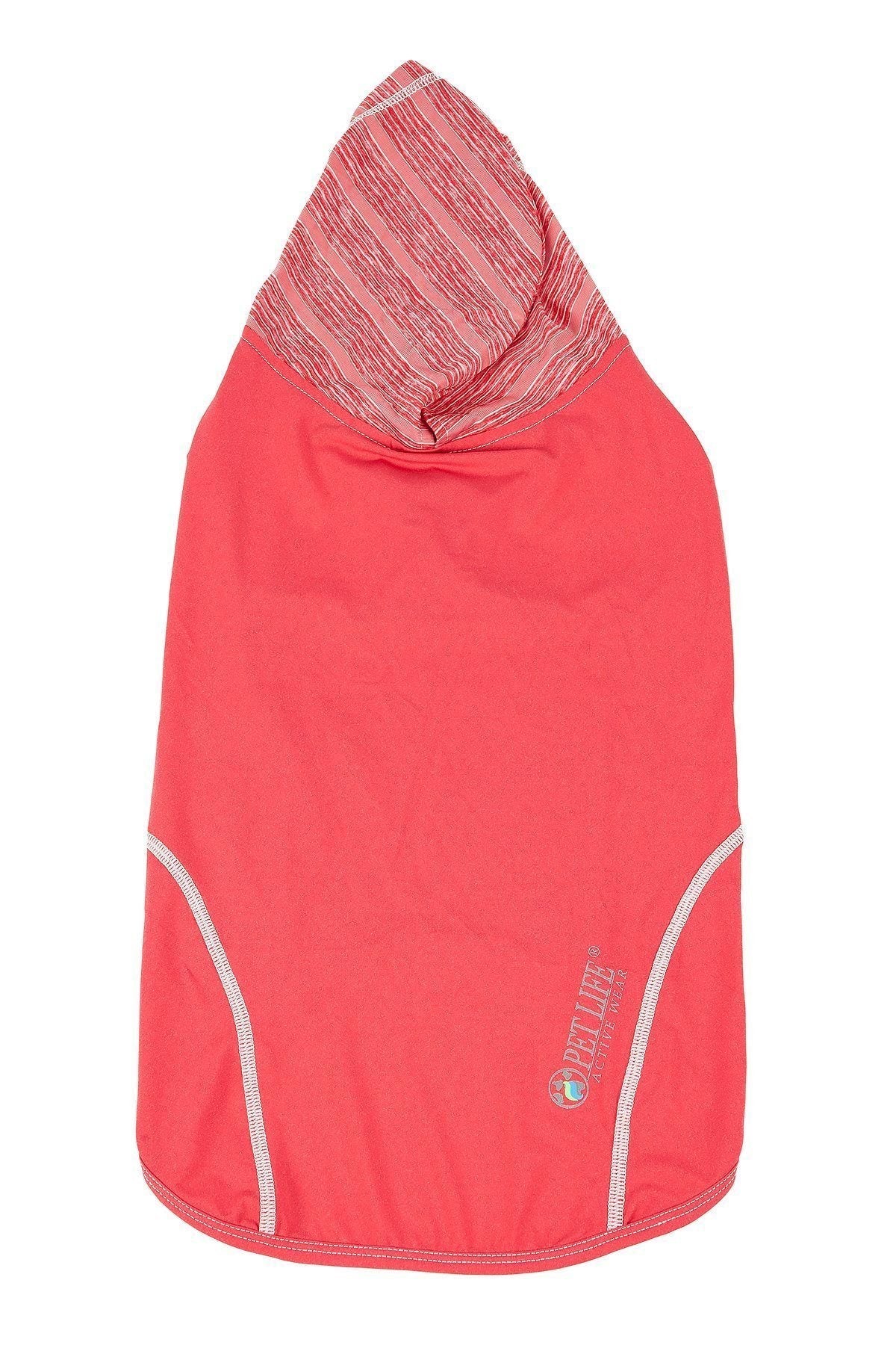 Red sleeveless dog pull-over hoodie with striped hood and white side piping