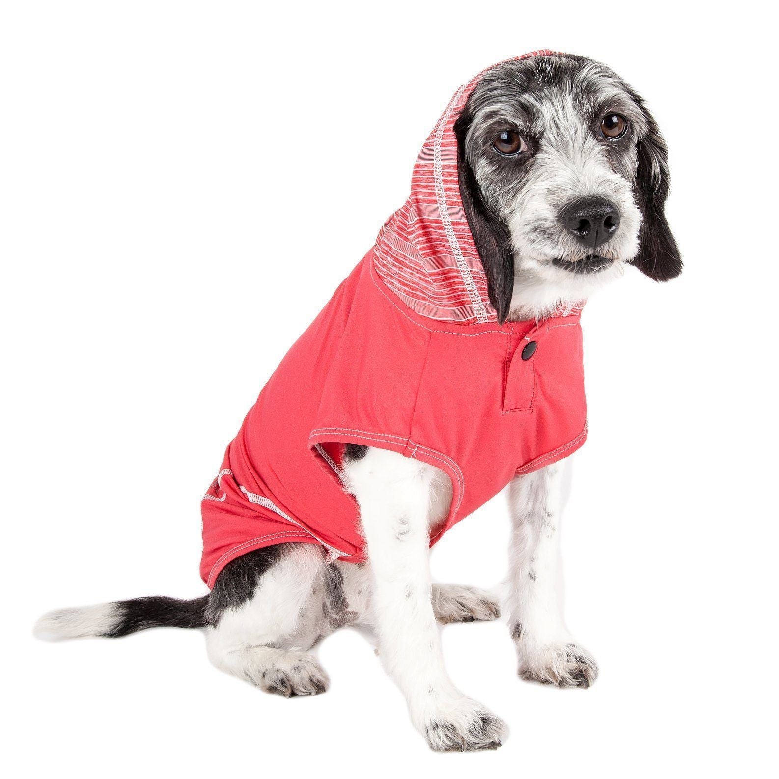 Red sleeveless dog hoodie with striped hood lining and front snap closures