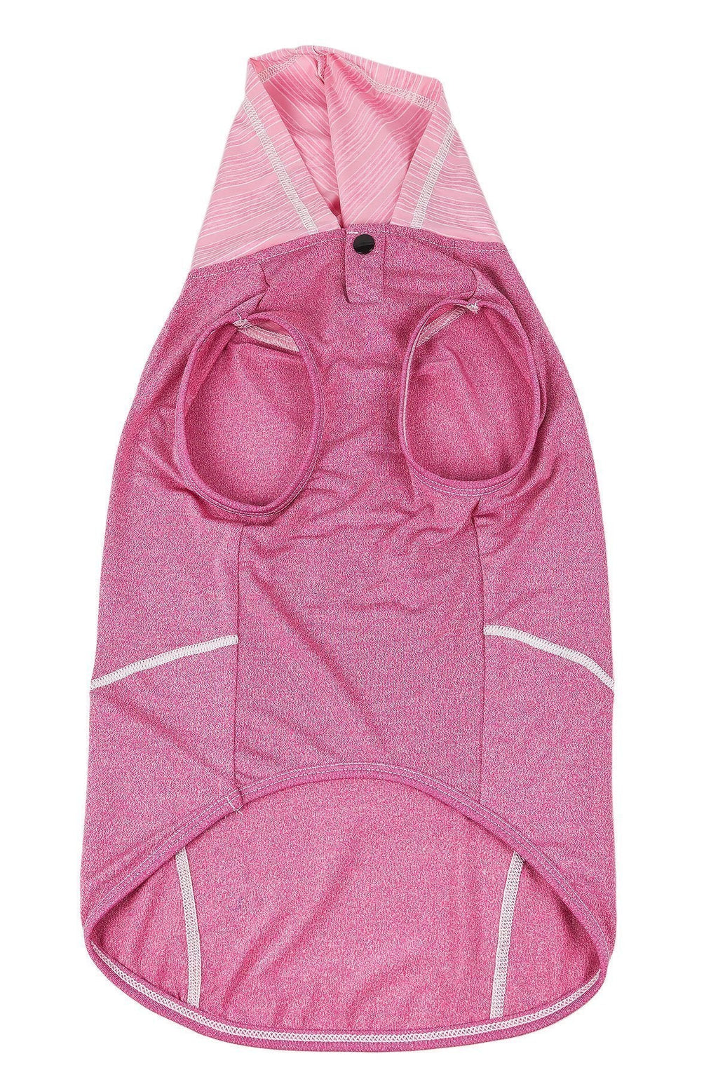 Pink sleeveless dog hoodie pull-over with front pocket openings and striped hood