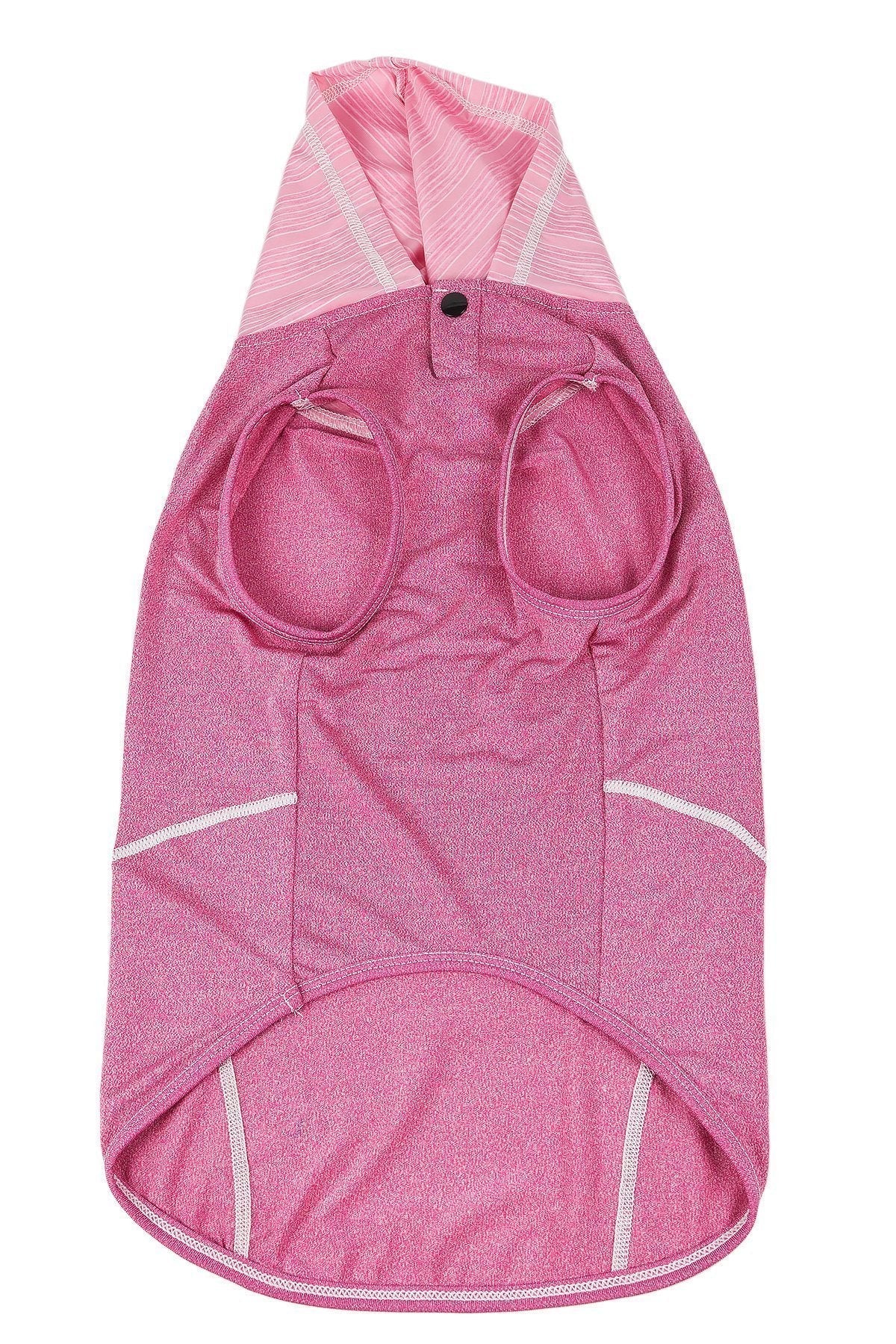 Pink sleeveless dog hoodie pull-over with front pocket openings and striped hood