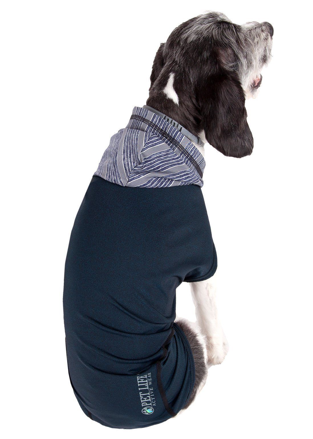 Dog sleeveless pull-over hoodie in dark navy/blue with striped hood lining