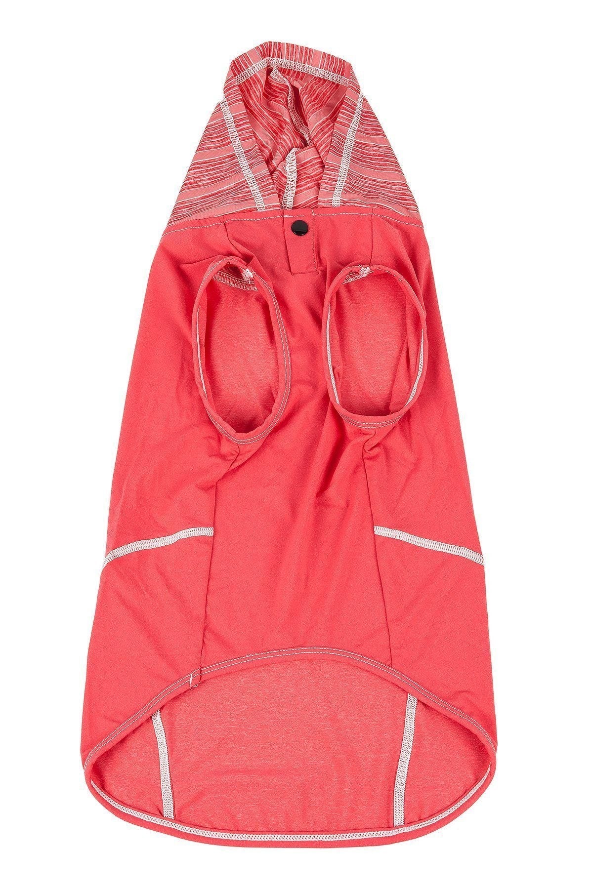 Red sleeveless dog hoodie pull-over with front pocket openings and striped hood