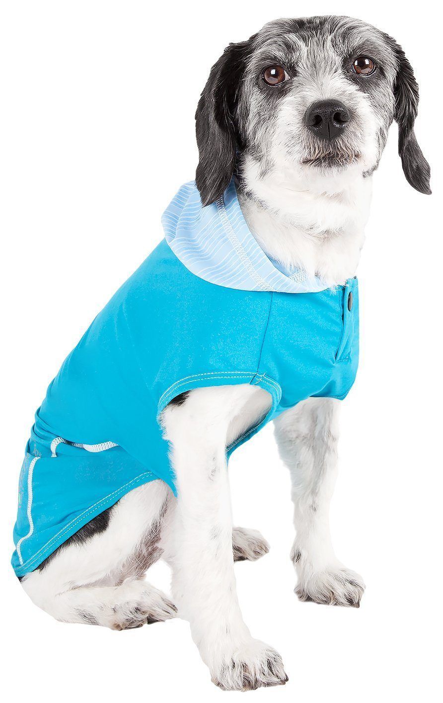 Electric blue sleeveless dog hoodie with striped hood lining and front snap closures