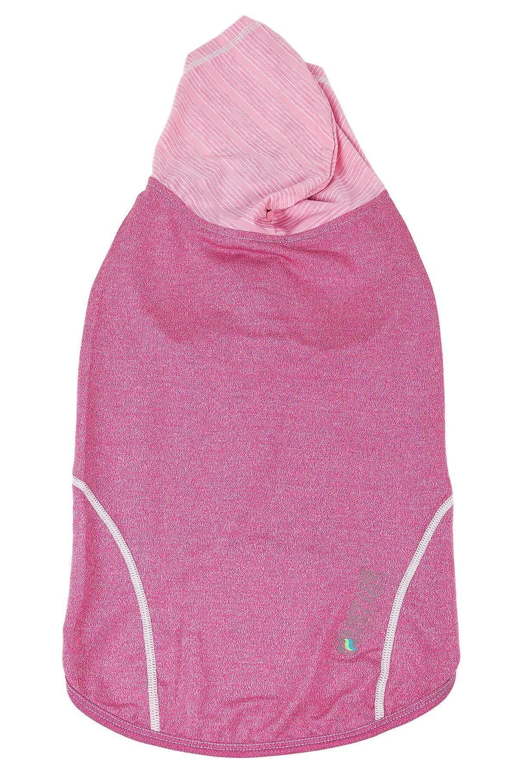 Pink sleeveless dog pull-over hoodie with striped hood and white edge piping