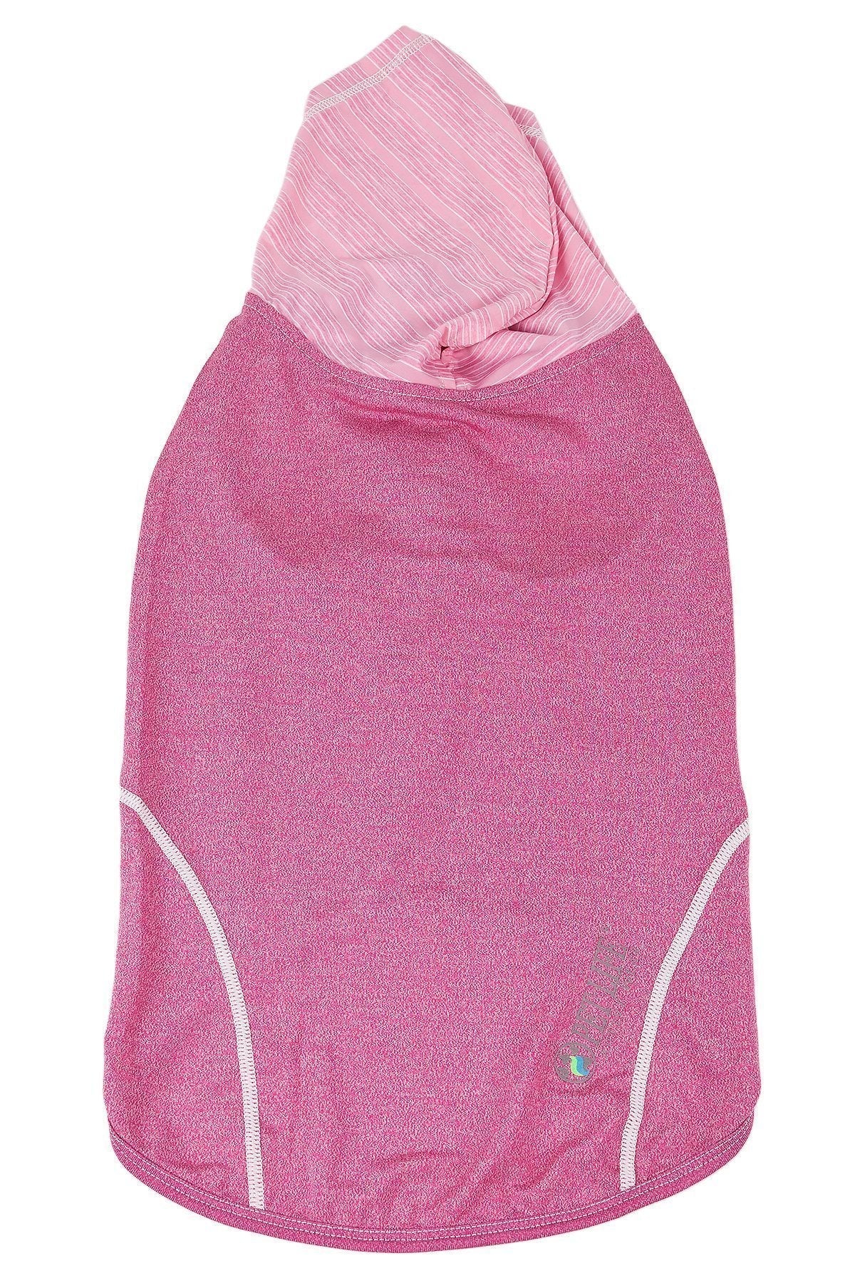 Pink sleeveless dog pull-over hoodie with striped hood and white edge piping