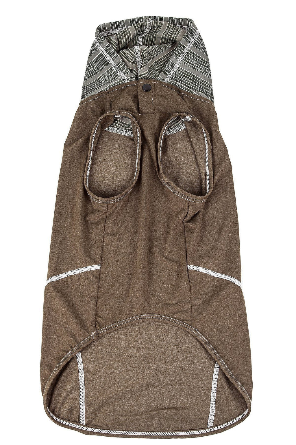 Olive sleeveless dog hoodie pull-over with front pockets and striped hood