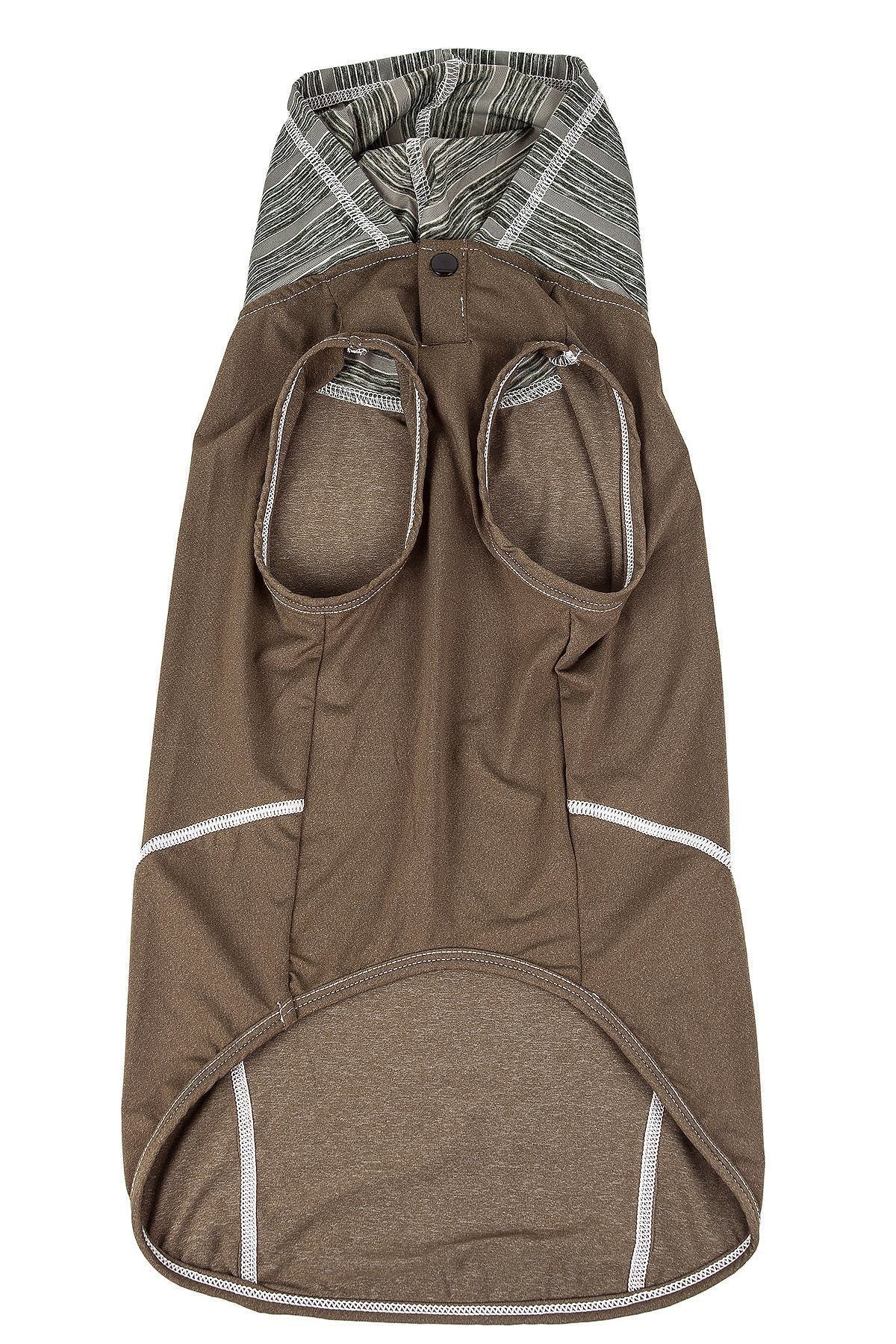 Olive sleeveless dog hoodie pull-over with front pockets and striped hood