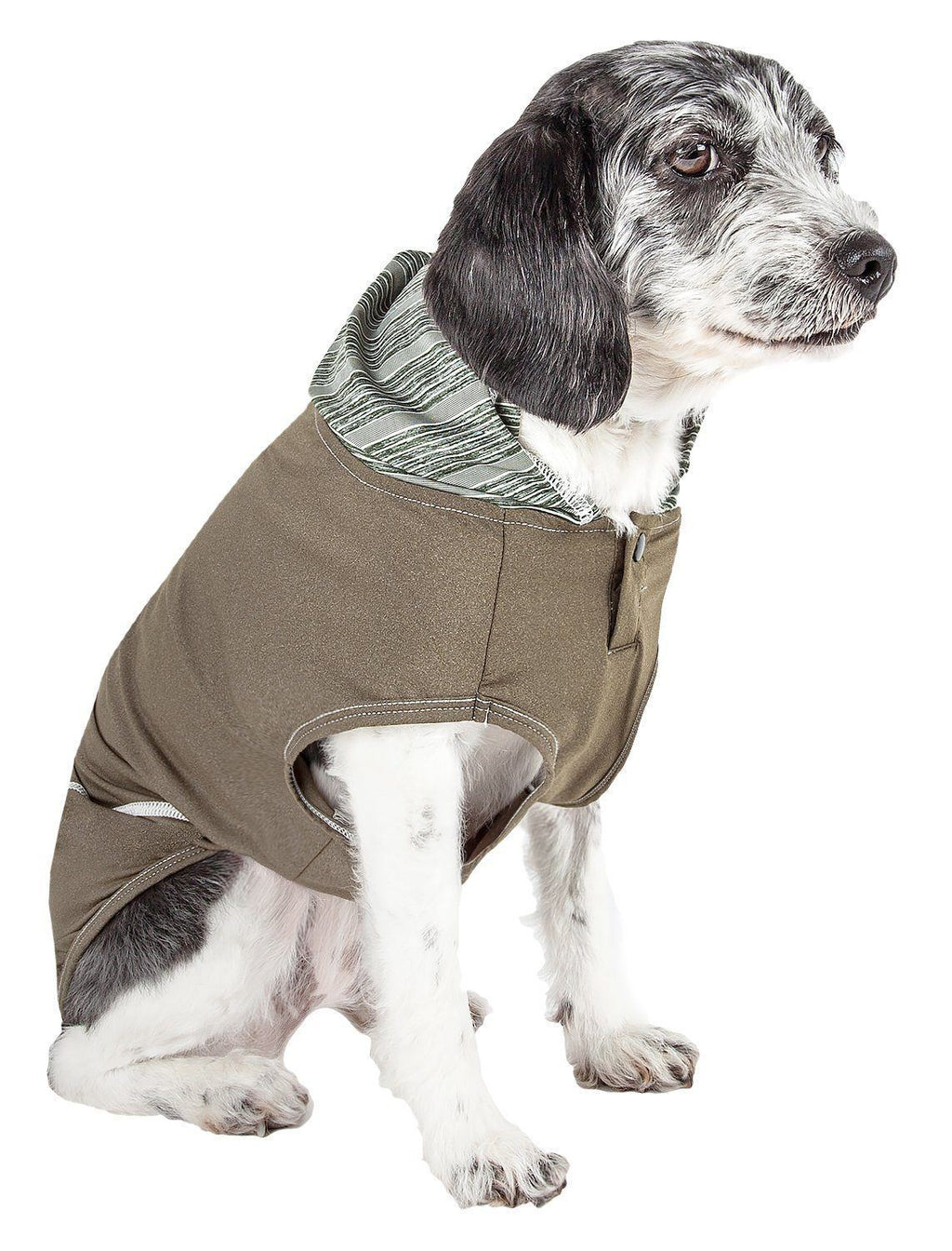 Green sleeveless dog hoodie with striped hood lining and front snap closures