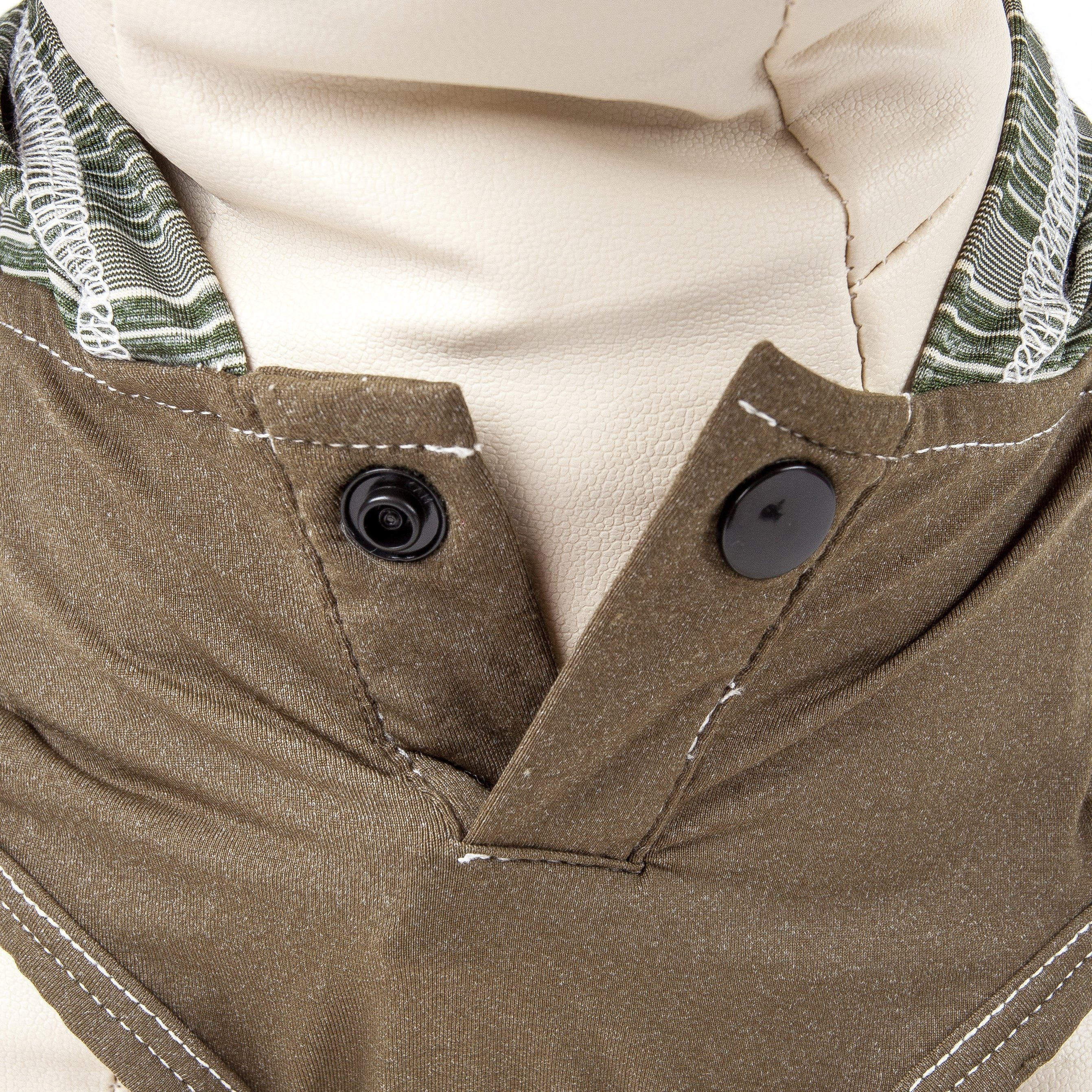 Olive-brown sleeveless dog pull-over with striped hood lining and snap button placket