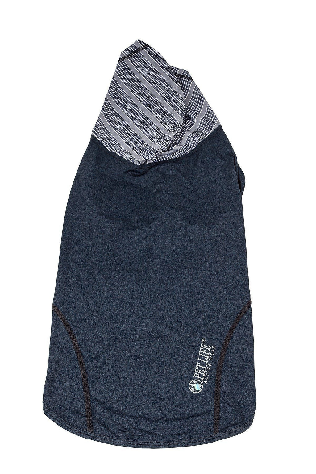 Dark blue sleeveless dog pull-over hoodie with striped hood and logo patch