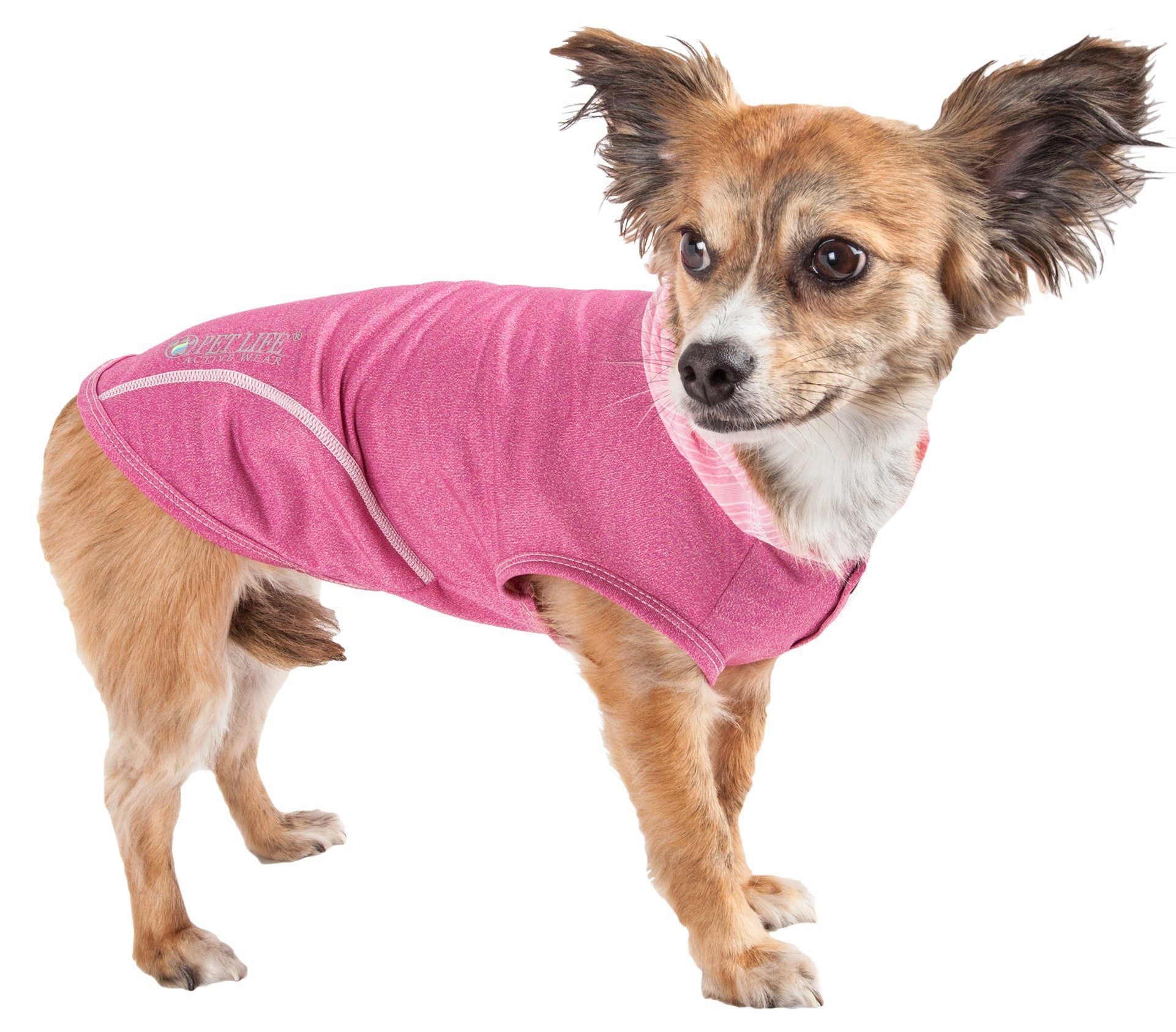 Hooded sleeveless dog pull-over fitness shirt, pink with white trim and striped hood lining