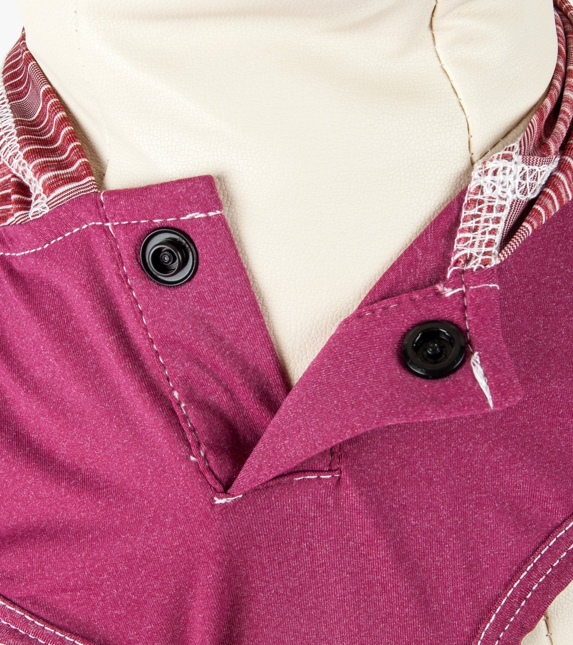 Maroon hood collar close-up on dog pull-over fitness shirt with black snap buttons