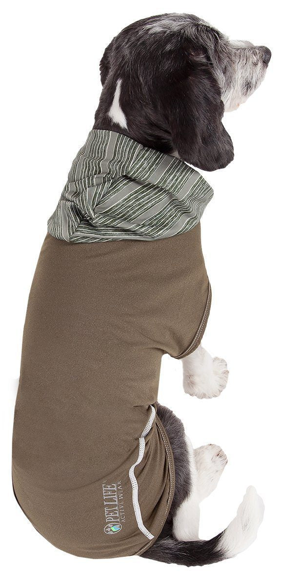 Dog sleeveless pull-over hoodie in green with striped hood lining and drawstring hem