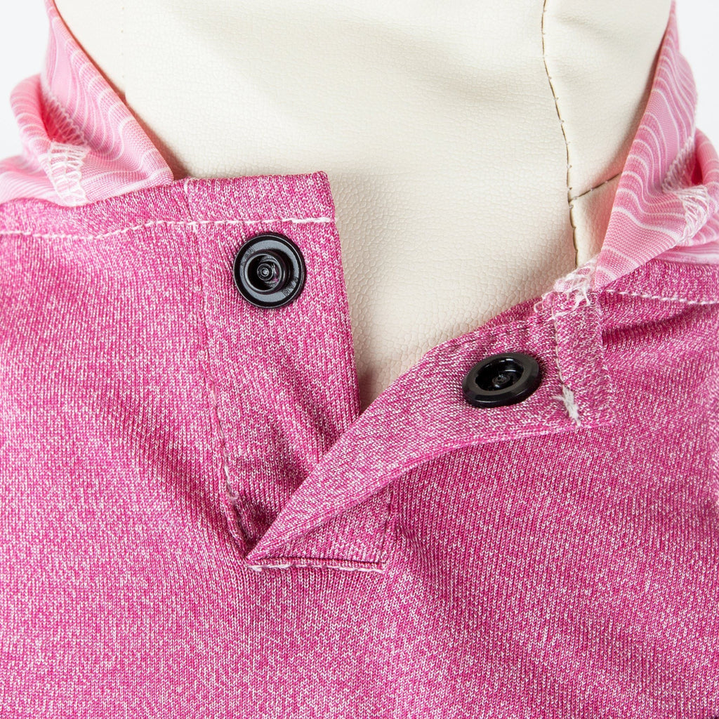 Pink hood collar close-up on dog pull-over fitness shirt with black snap buttons