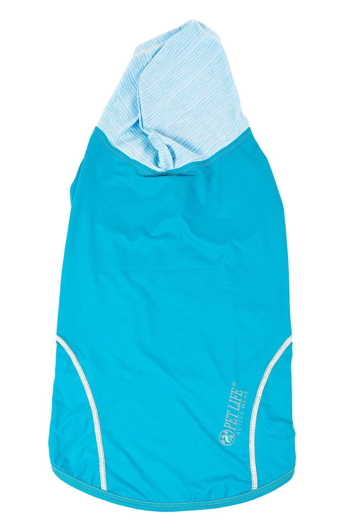 Teal sleeveless dog pull-over with striped hood and zip-style side trim