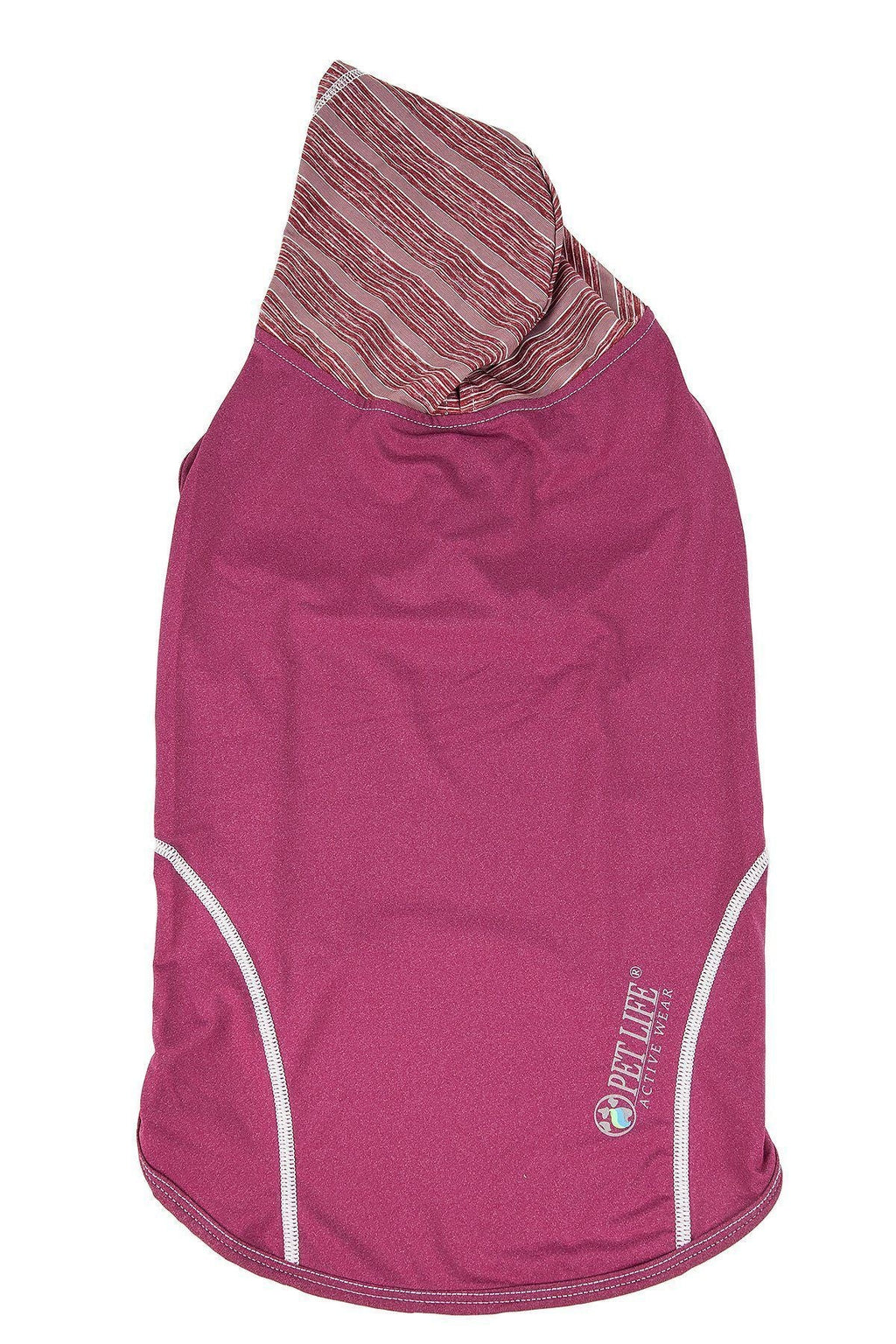Burgundy sleeveless dog pull-over hoodie with striped hood and white trim