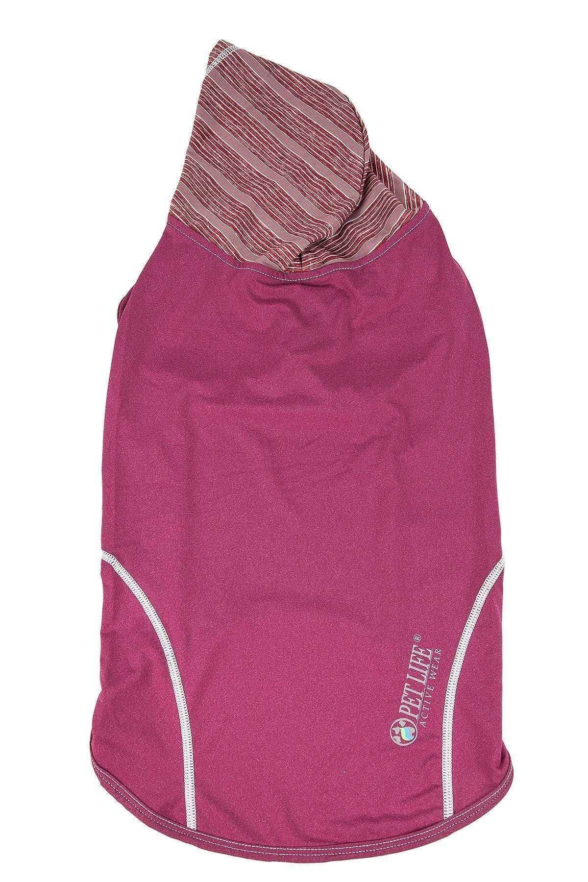 Burgundy sleeveless dog pull-over hoodie with striped hood and white trim