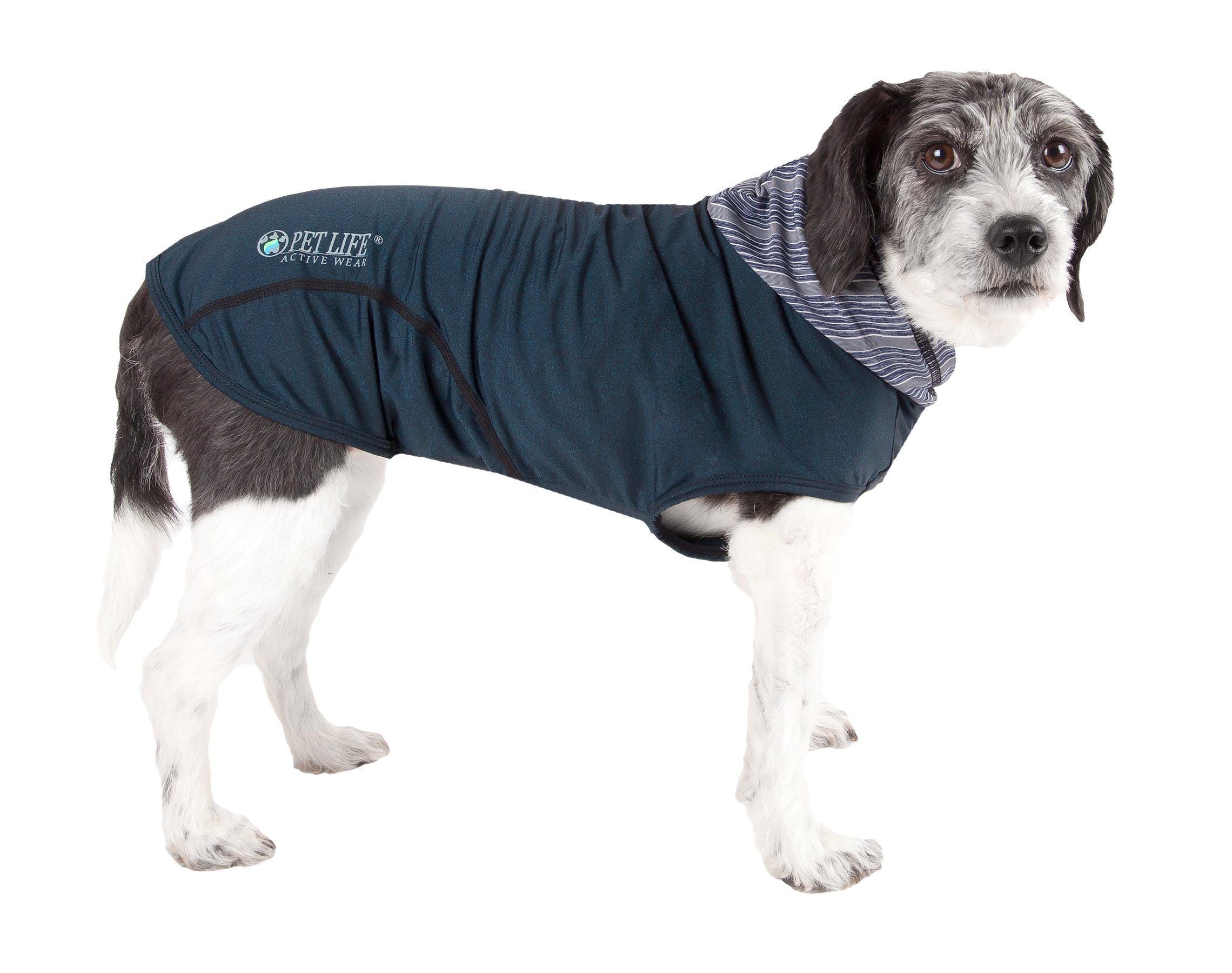Hooded sleeveless dog pull-over fitness shirt, dark blue with white trim and hood lining