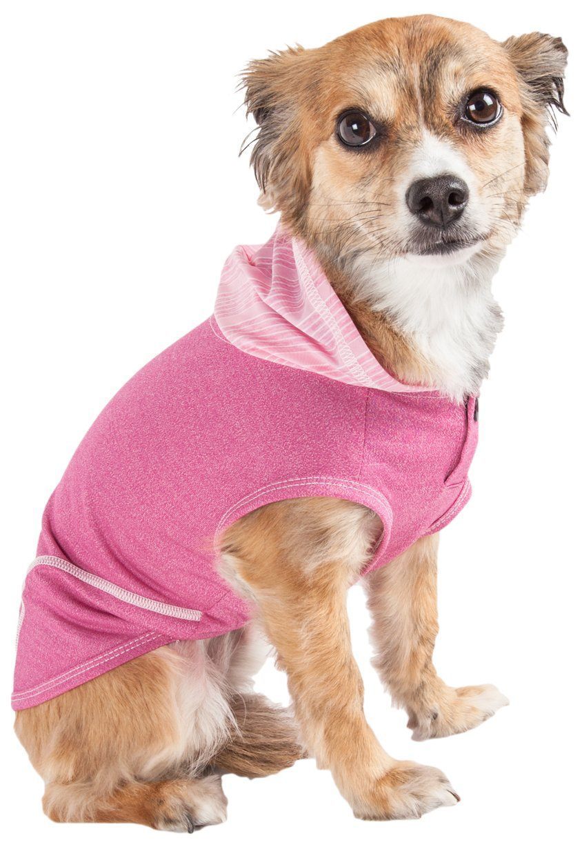 Pink sleeveless dog hoodie with striped hood lining and front snap closures