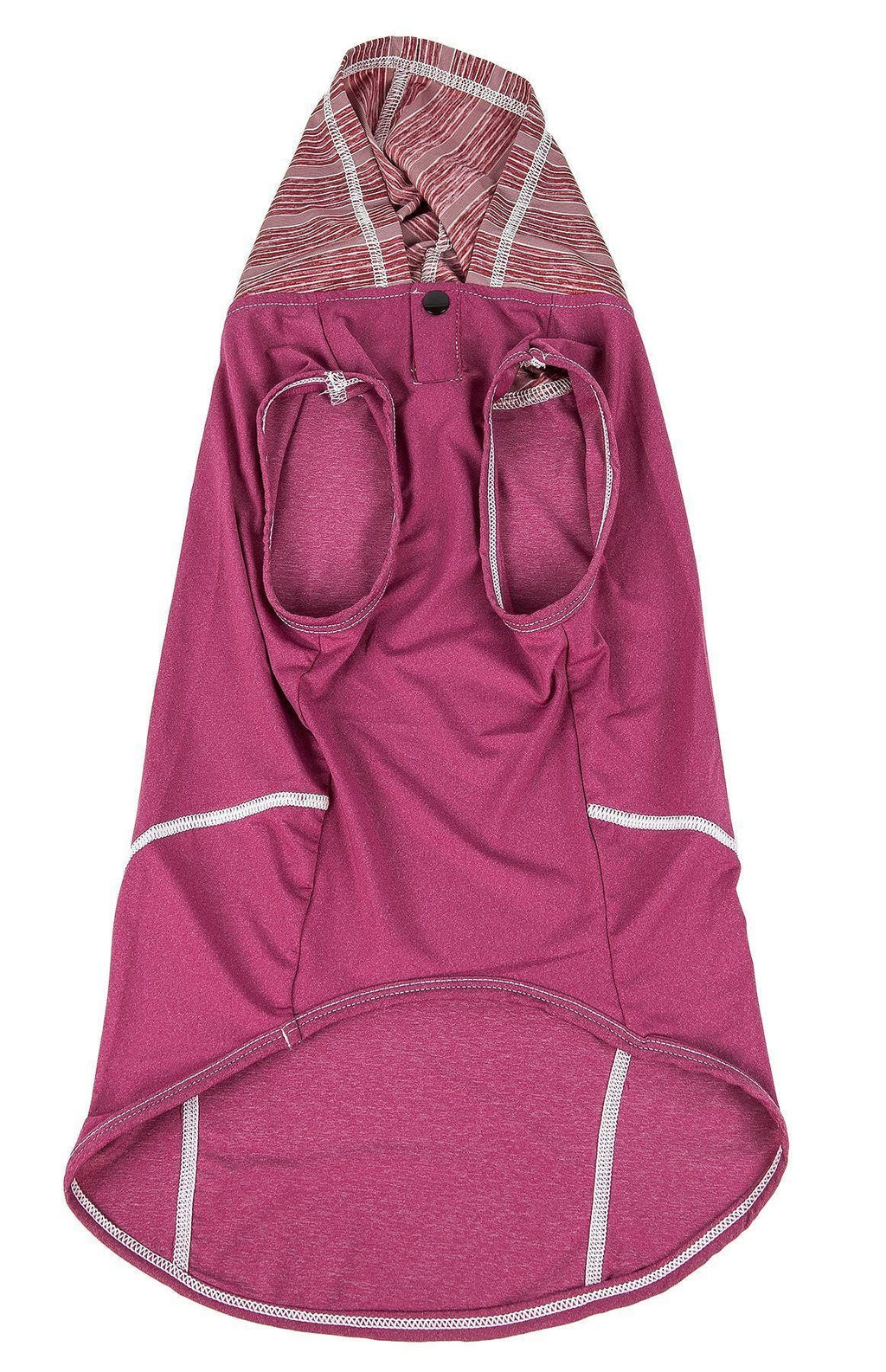Burgundy sleeveless dog hoodie pull-over with front pockets and striped hood