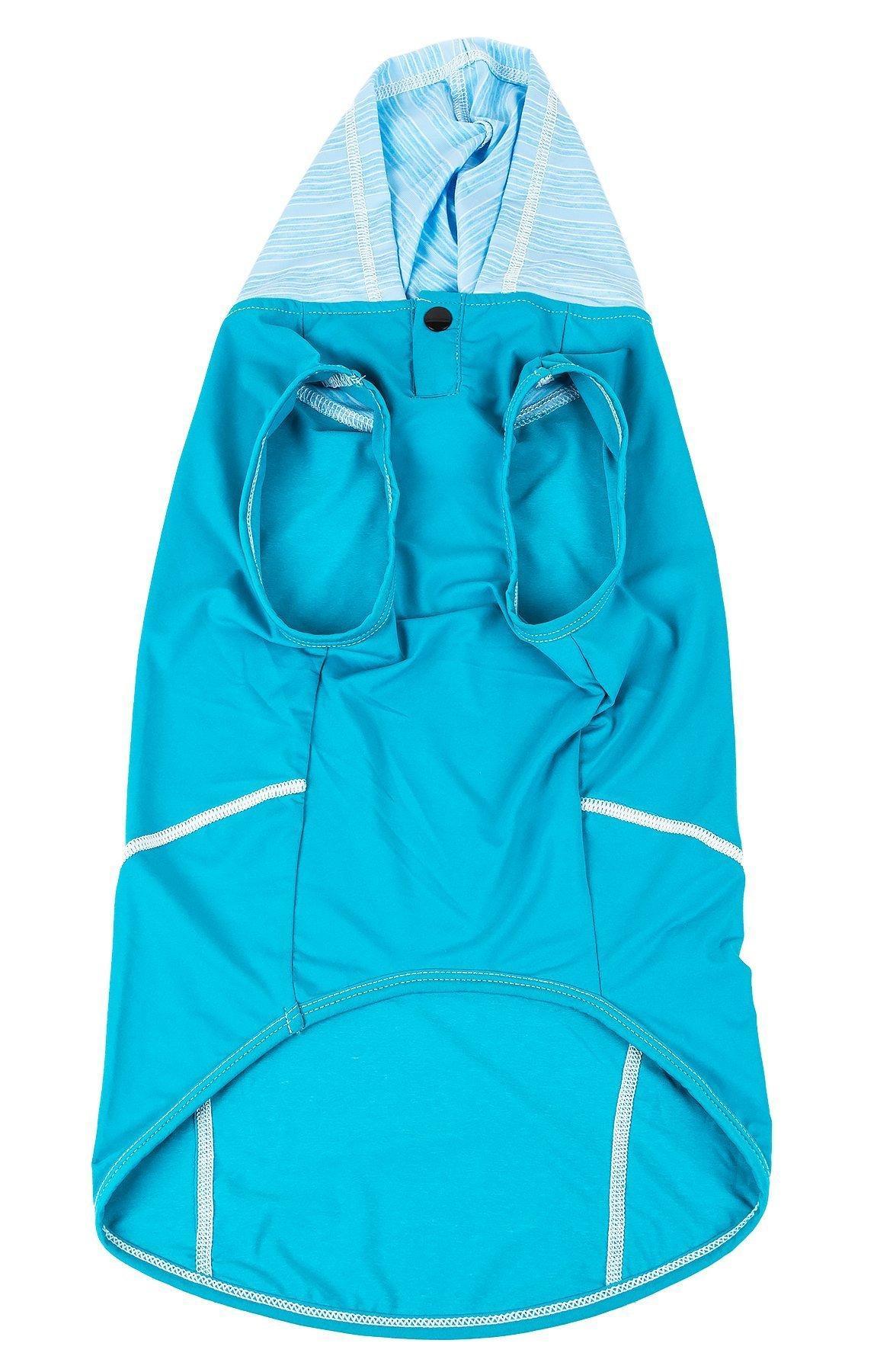 Teal sleeveless dog pull-over front view with striped hood and vented leg openings