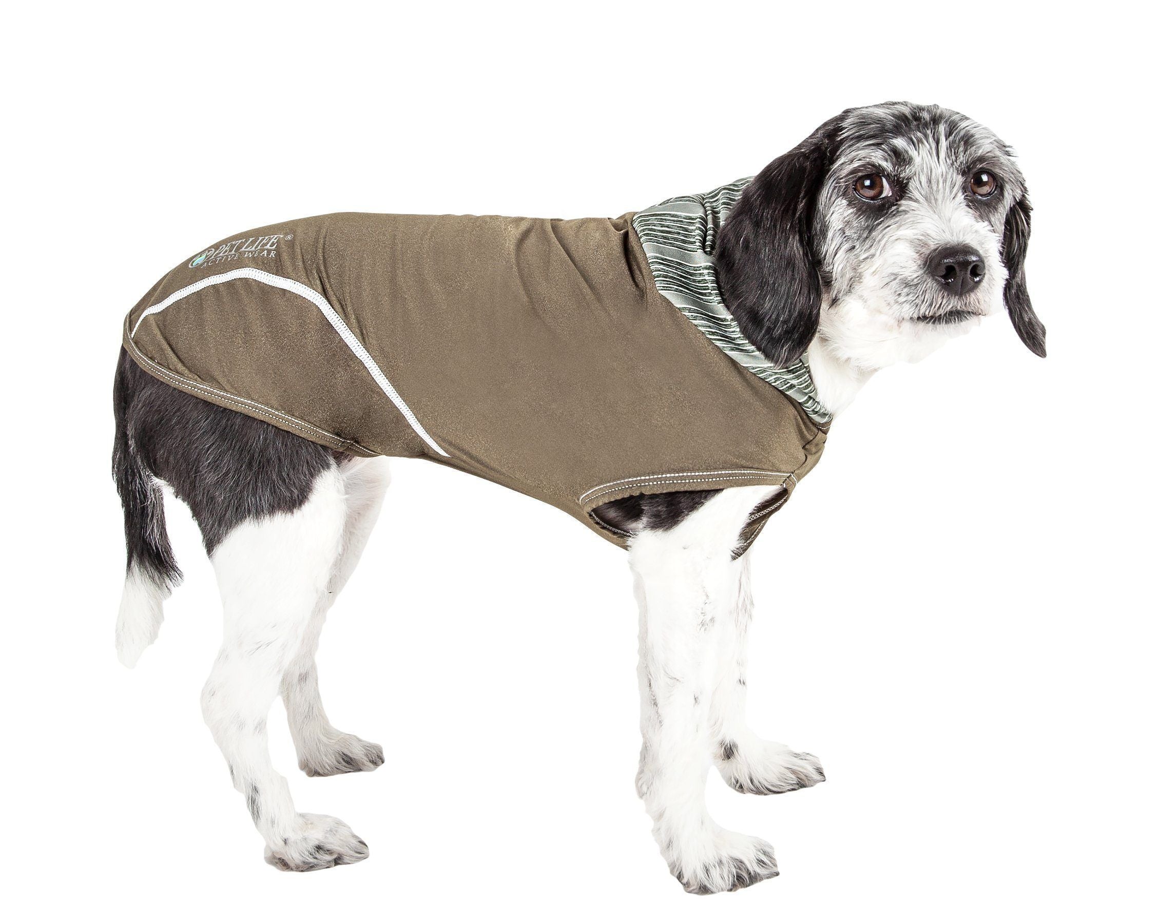 Hooded sleeveless dog pull-over fitness shirt, tan/khaki with white trim and striped hood lining