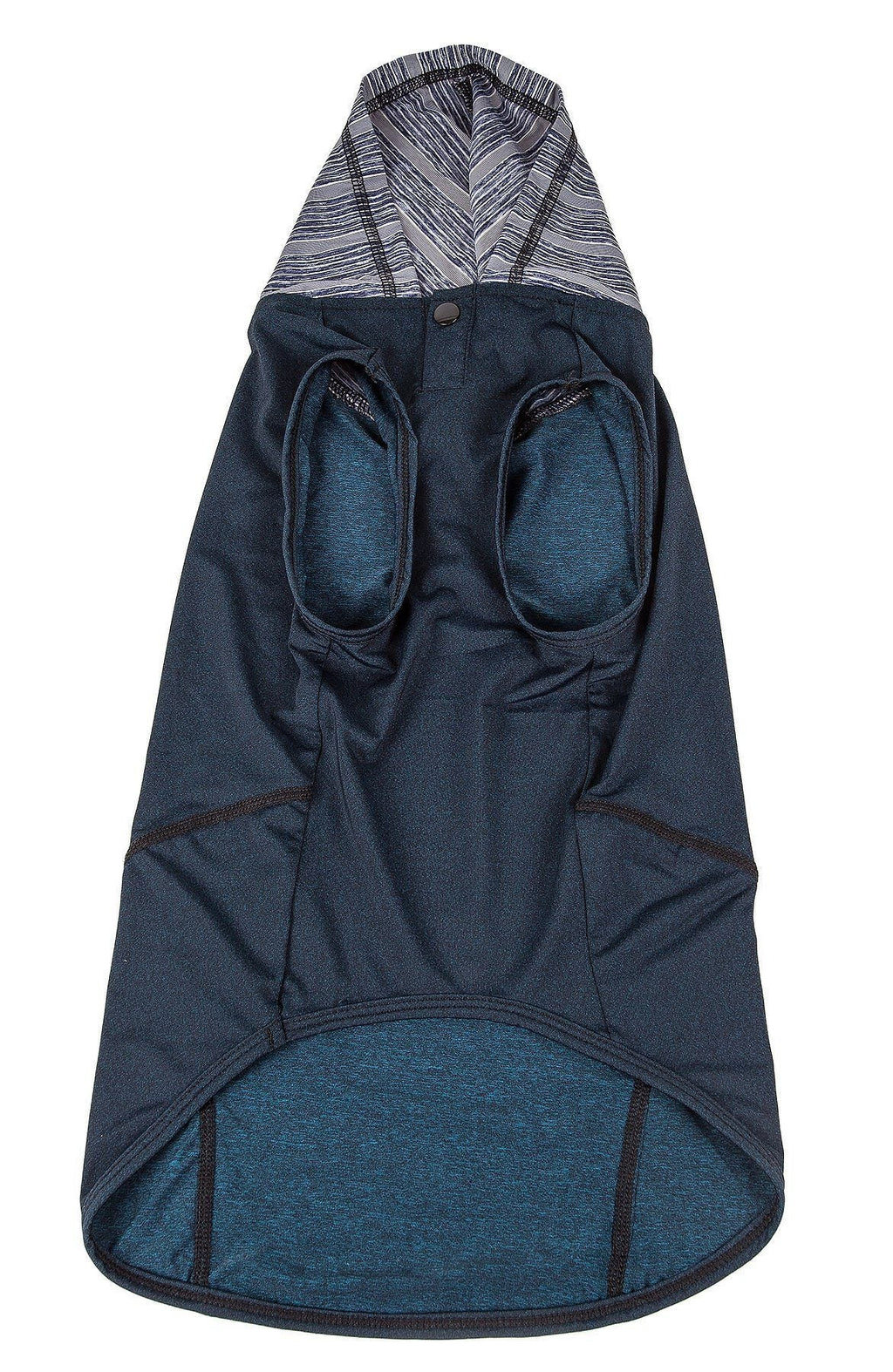Dark blue sleeveless dog hoodie pull-over with front pocket openings and striped hood