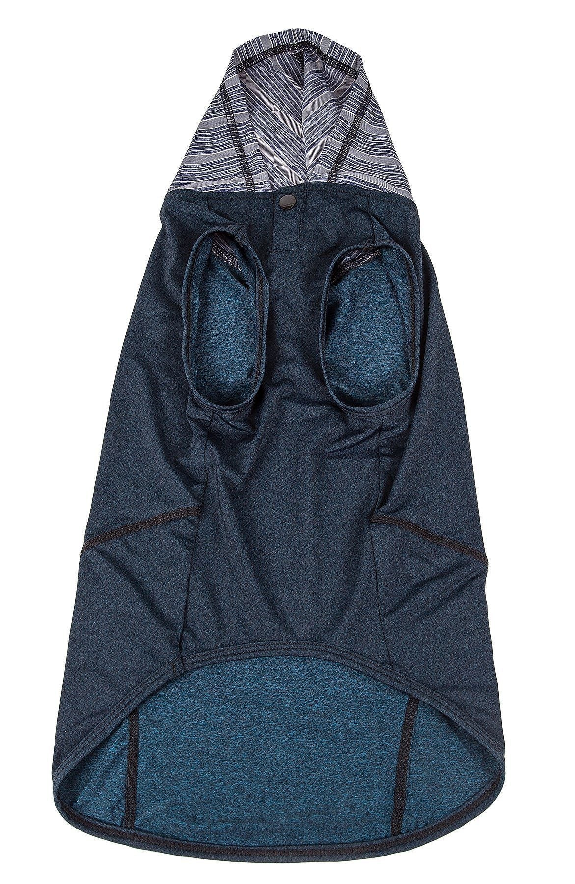 Dark blue sleeveless dog hoodie pull-over with front pocket openings and striped hood