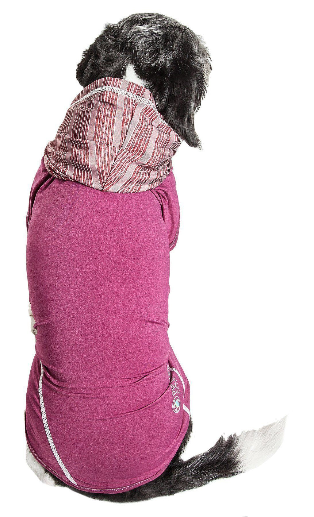 Dog sleeveless pull-over hoodie in burgundy/maroon with striped hood lining