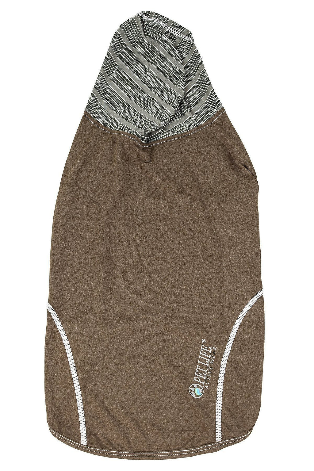 Olive sleeveless dog pull-over hoodie with striped hood and white side piping