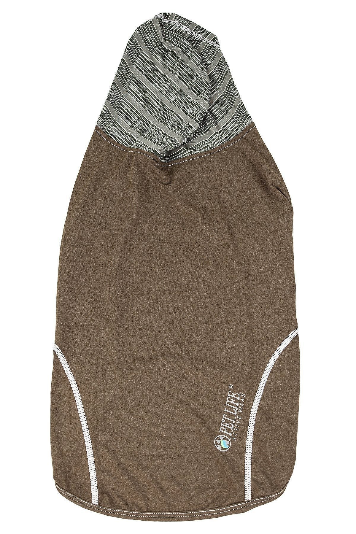 Olive sleeveless dog pull-over hoodie with striped hood and white side piping