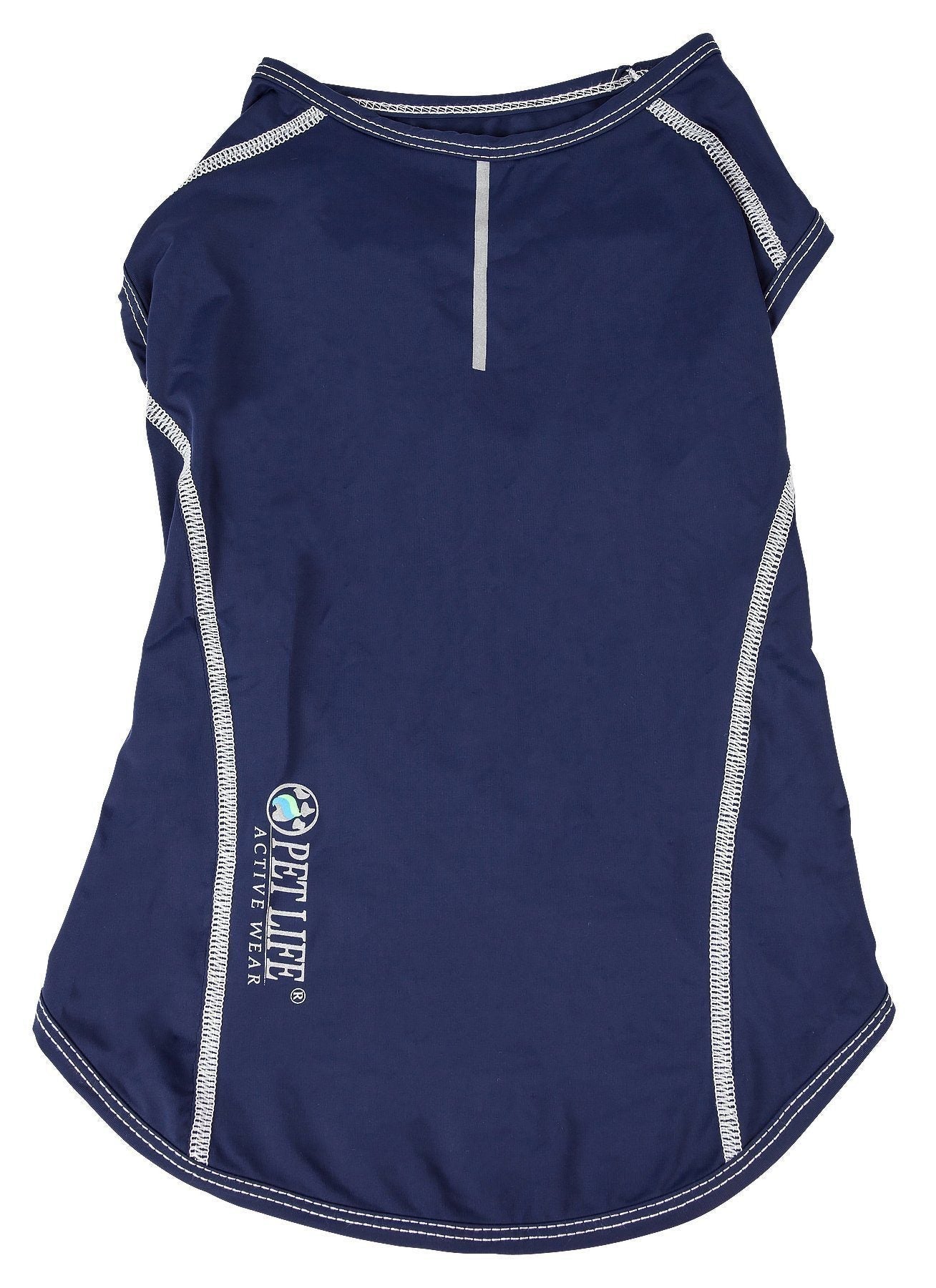 Navy dog yoga tank top with long side panels, contrast piping at edges and neckline