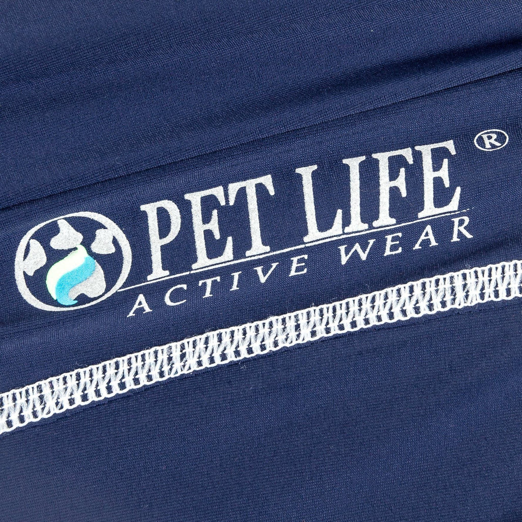 Navy Pet Life active dog tank shirt logo and elastic trim detail