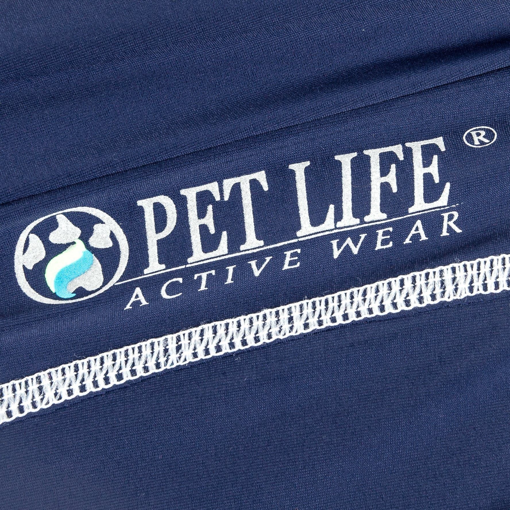Navy Pet Life active dog tank shirt logo and elastic trim detail