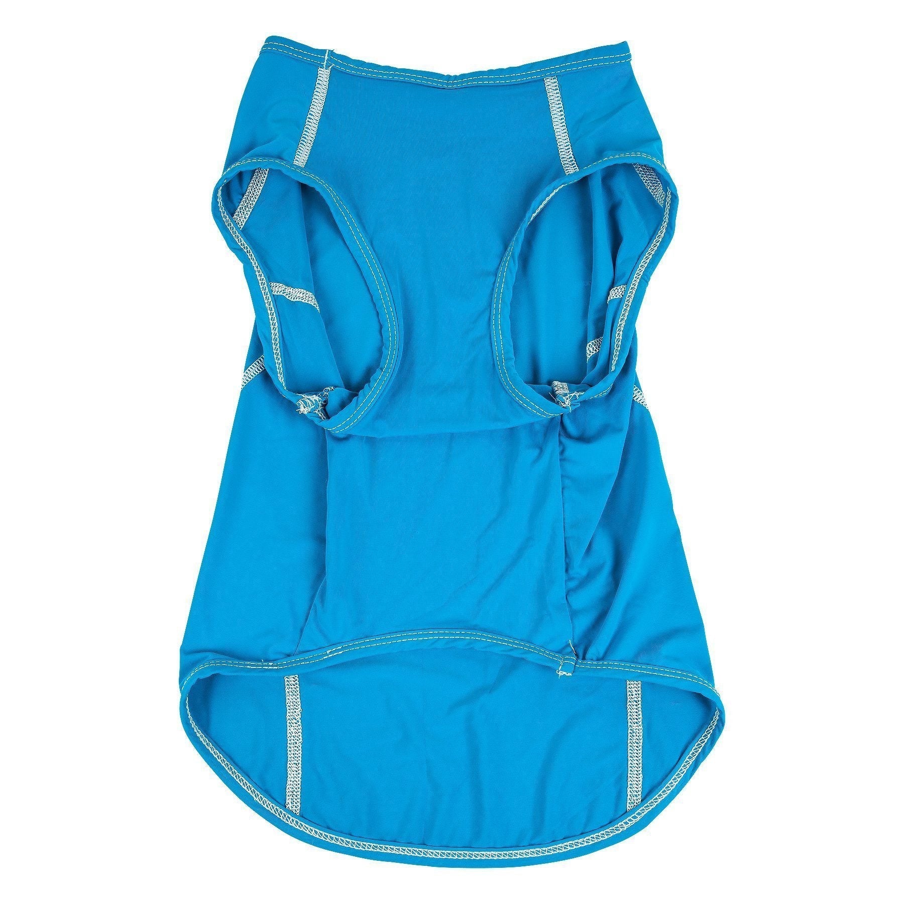 Sky blue dog tank top with side openings and elastic-like armholes, contrast stitched trim