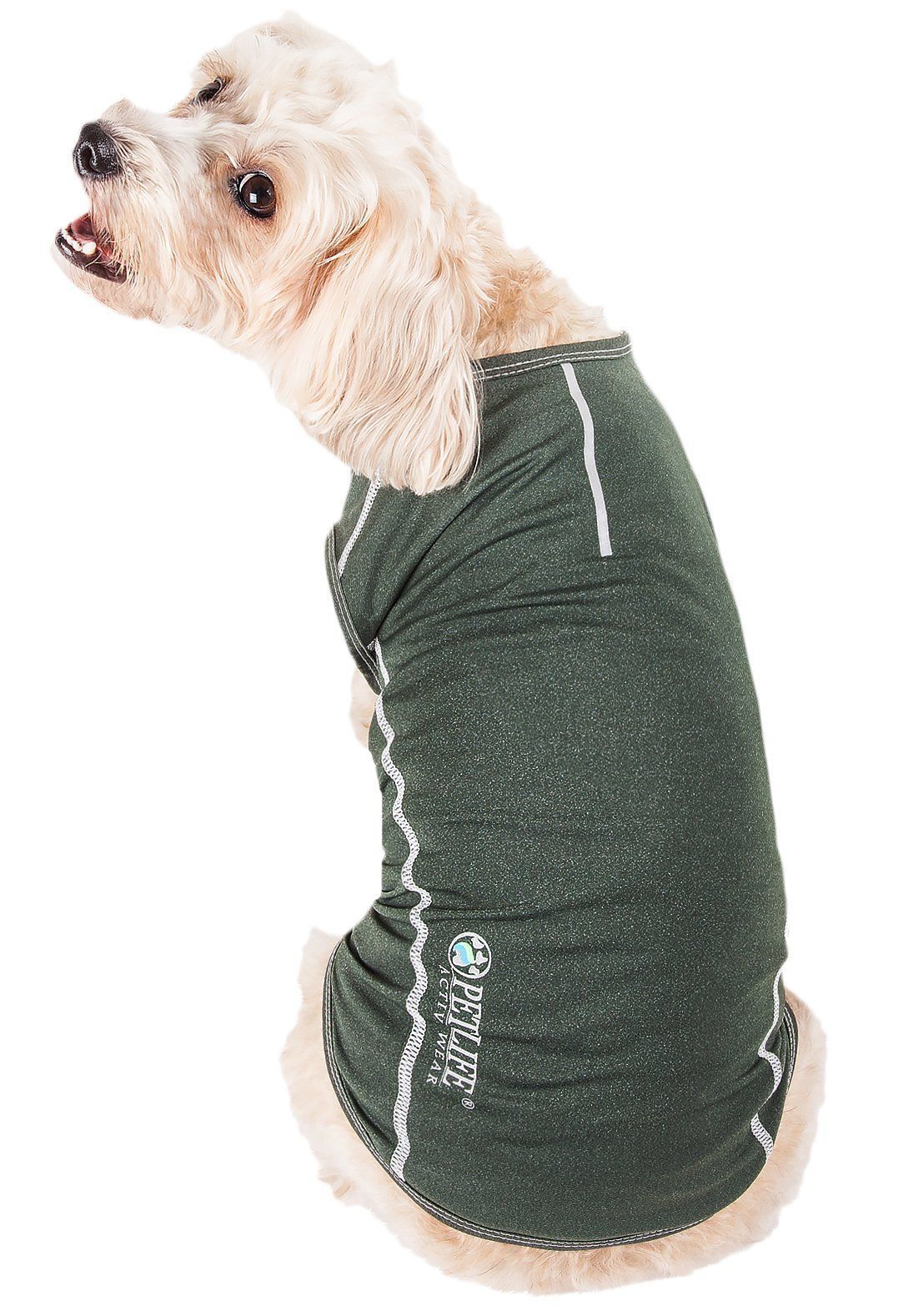 Olive green active dog tank top with white piping and side logo detail