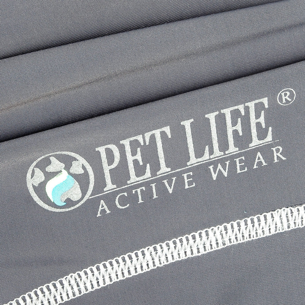 Gray fabric close-up with printed logo and white trim stitching