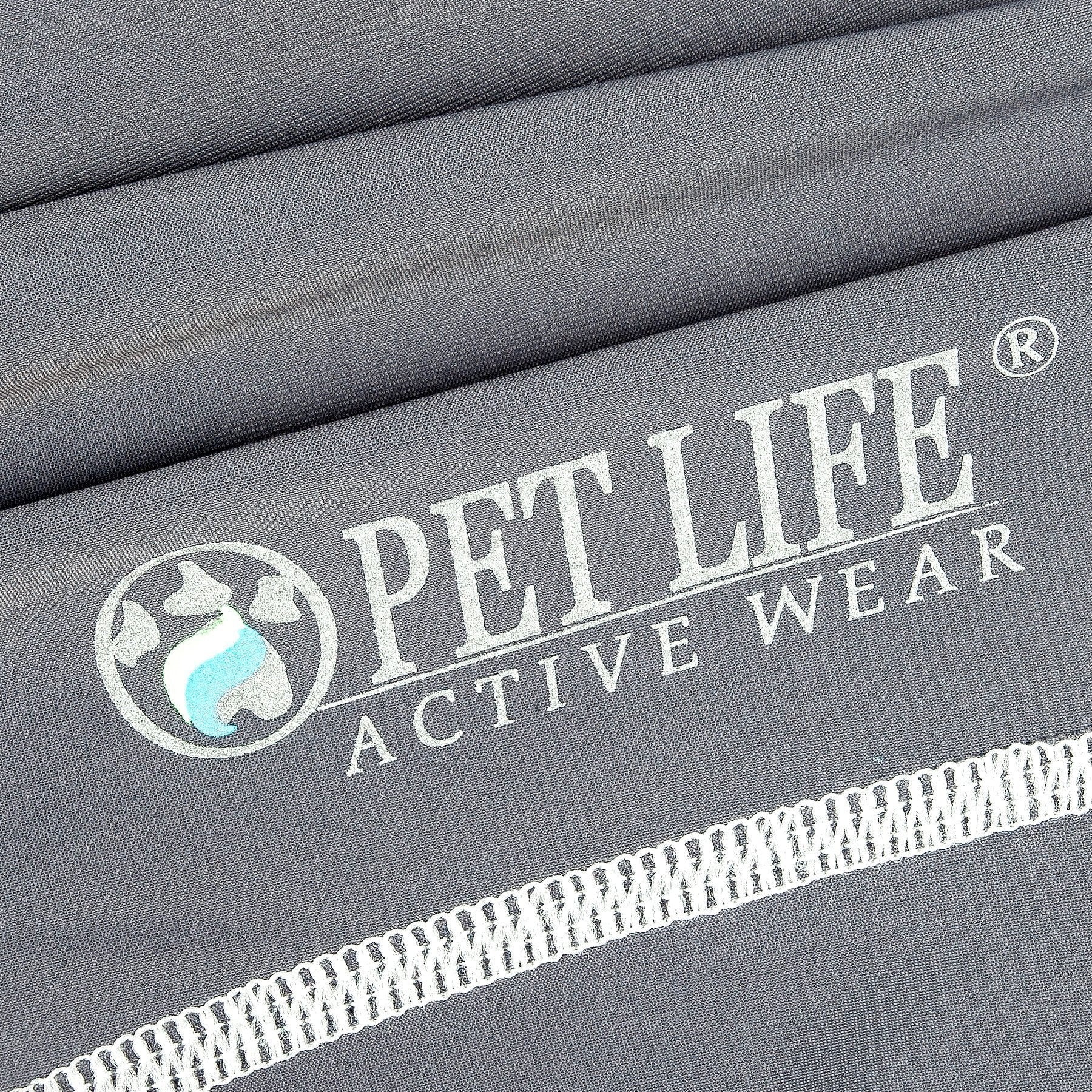 Gray fabric close-up with printed logo and white trim stitching