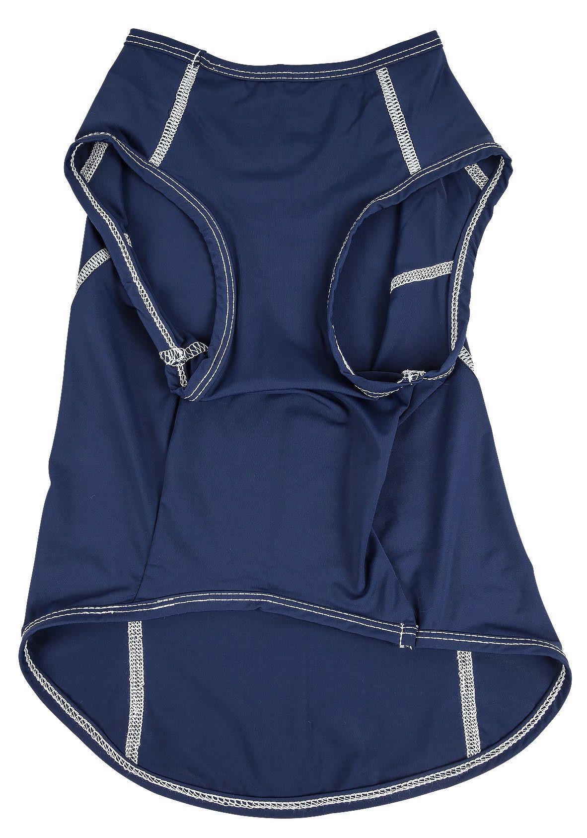 Navy dog stretch tank with side openings and elastic armholes, contrast seam detailing