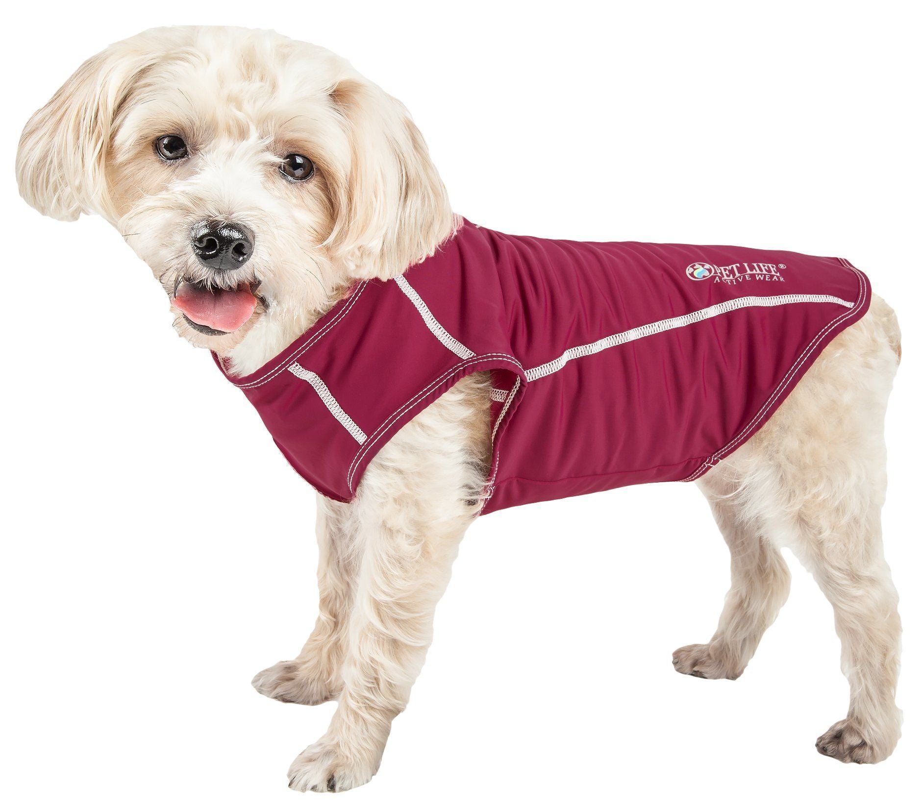 Maroon dog yoga T-shirt with white piping and logo at chest