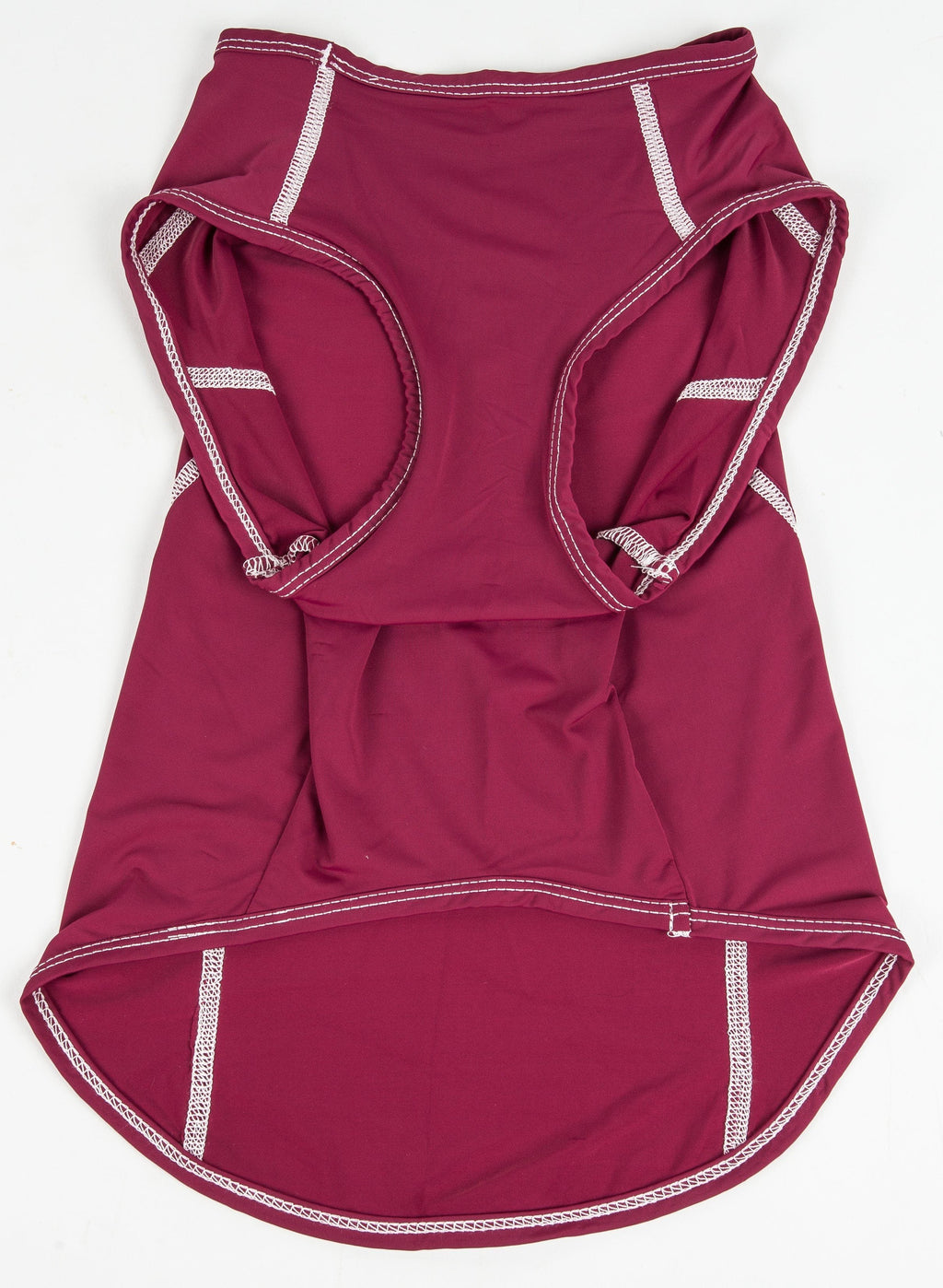 Maroon dog fitness tank with front pocket-like opening and contrast stitched hem trim