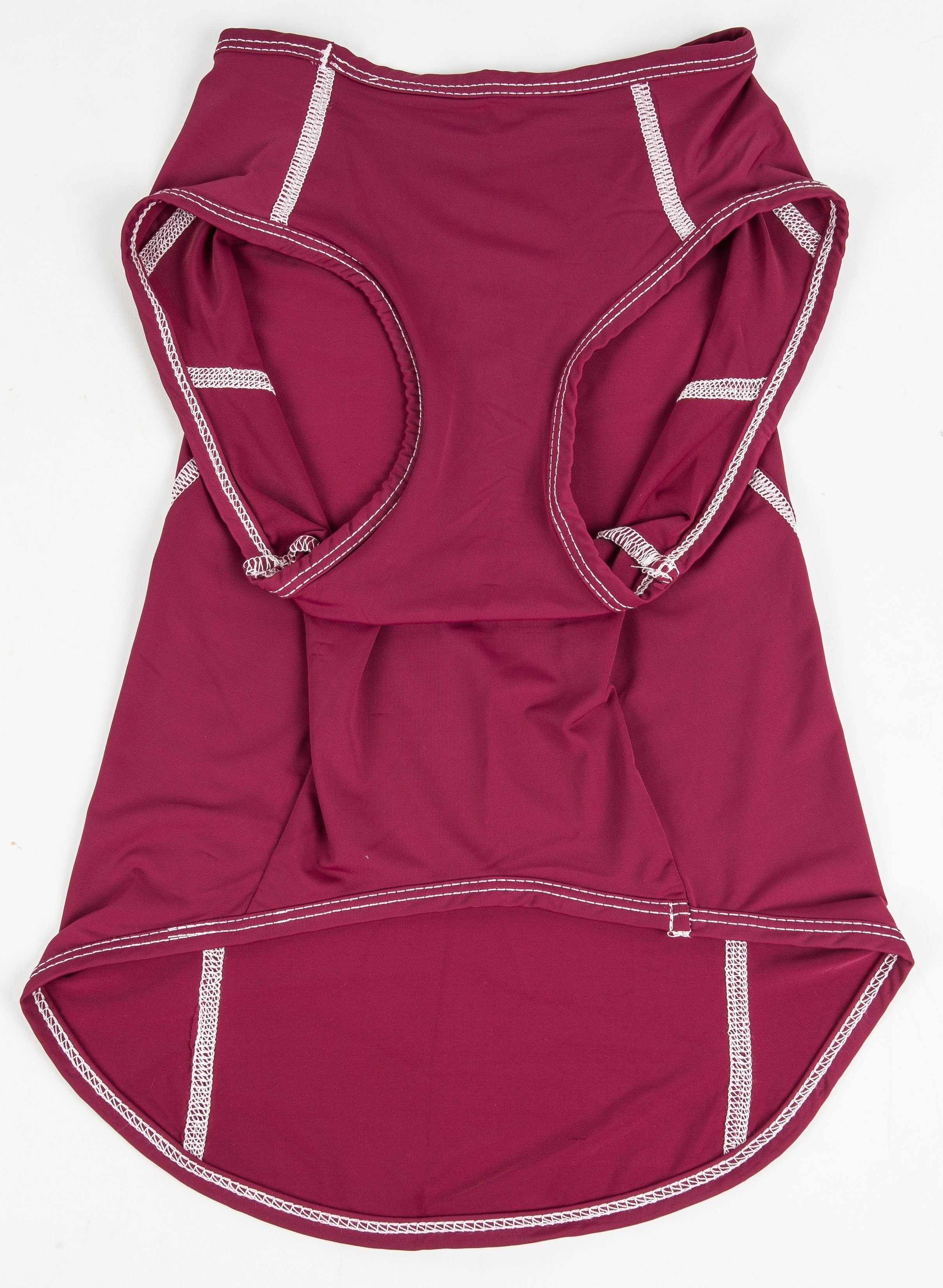 Maroon dog fitness tank with front pocket-like opening and contrast stitched hem trim
