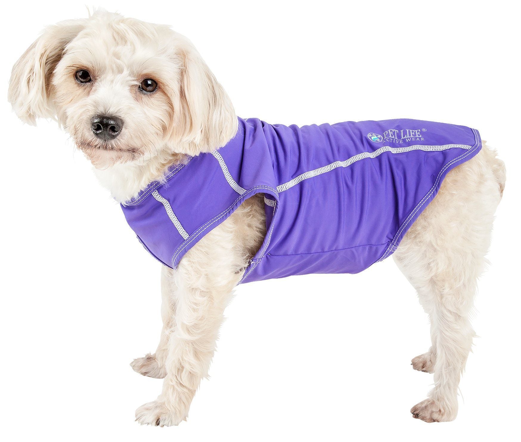 Lavender dog yoga T-shirt with white piping and logo at chest