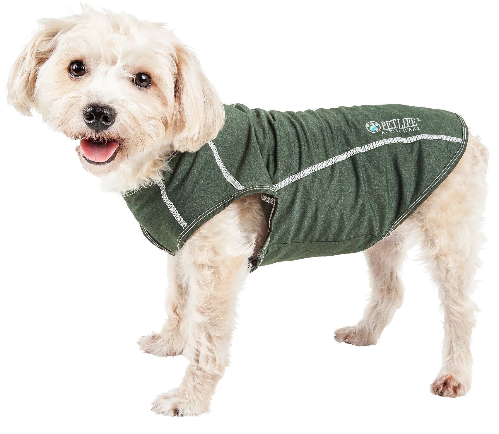 Olive green dog yoga T-shirt with white piping and logo at chest