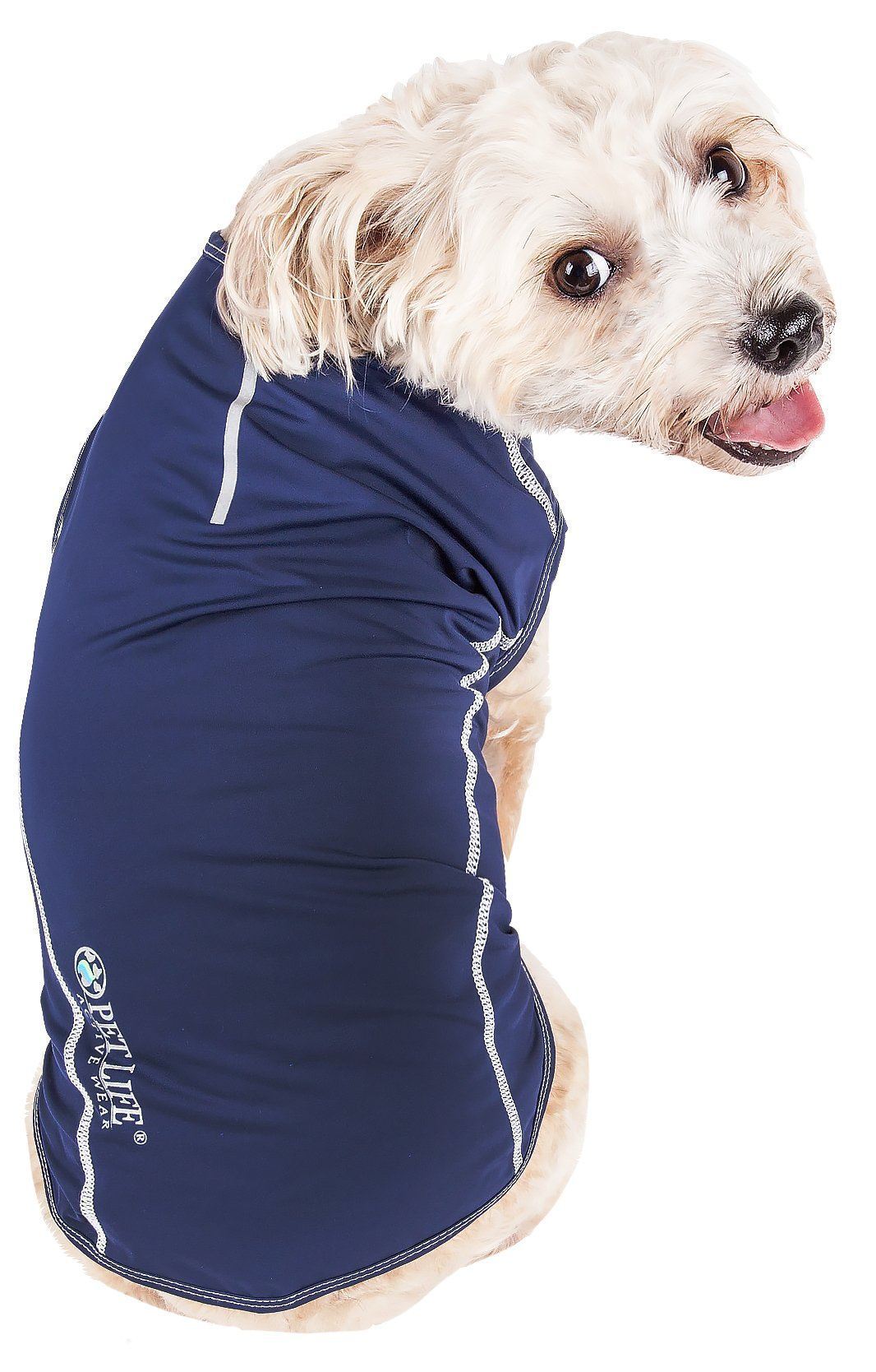 Navy 4-way stretch dog tank shirt with white piping and hood-style seam