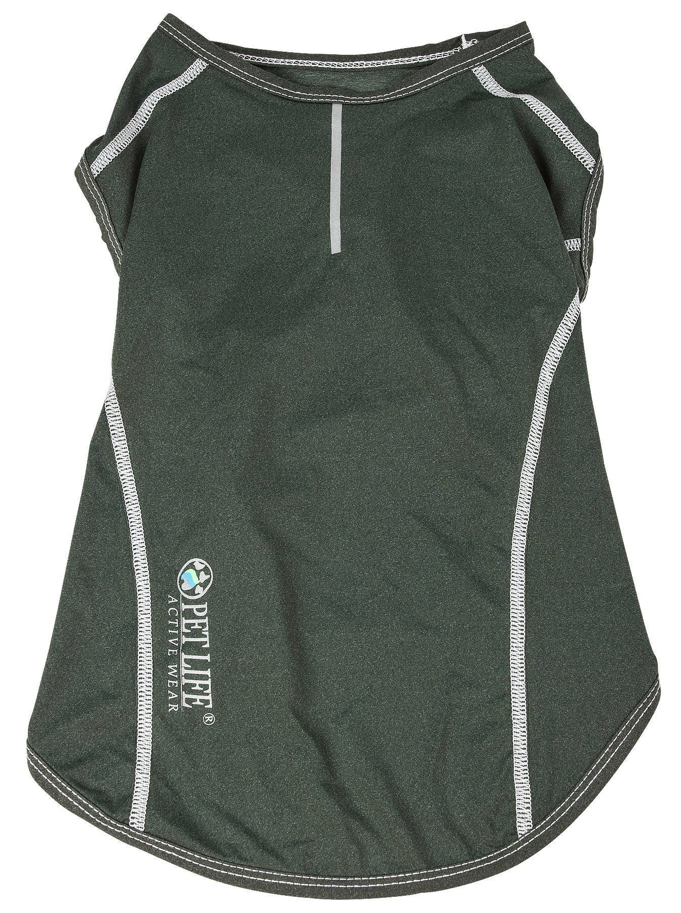 Olive green dog yoga tank with center seam and contrast piping along neckline and side panels