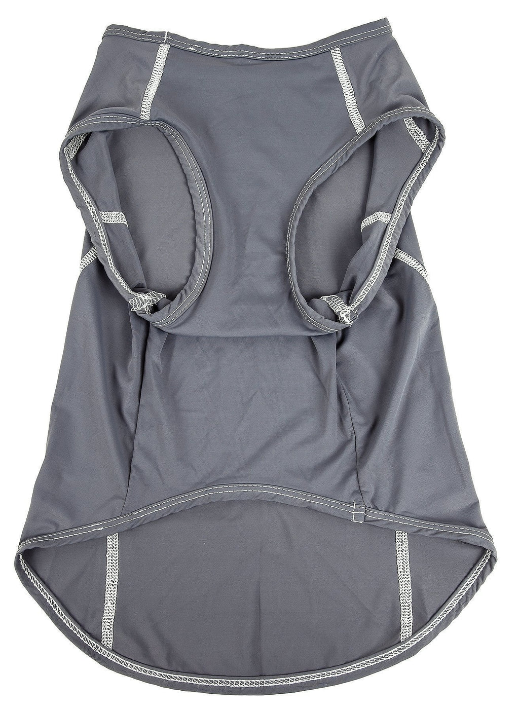 Gray dog yoga tank with wide neckline and four-way stretch panels, contrast stitched edges
