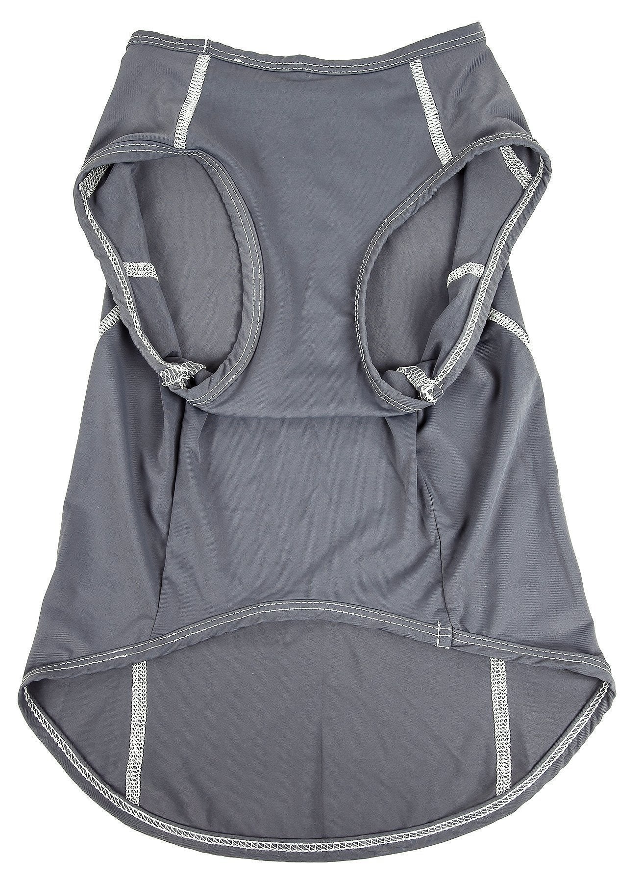 Gray dog yoga tank with wide neckline and four-way stretch panels, contrast stitched edges