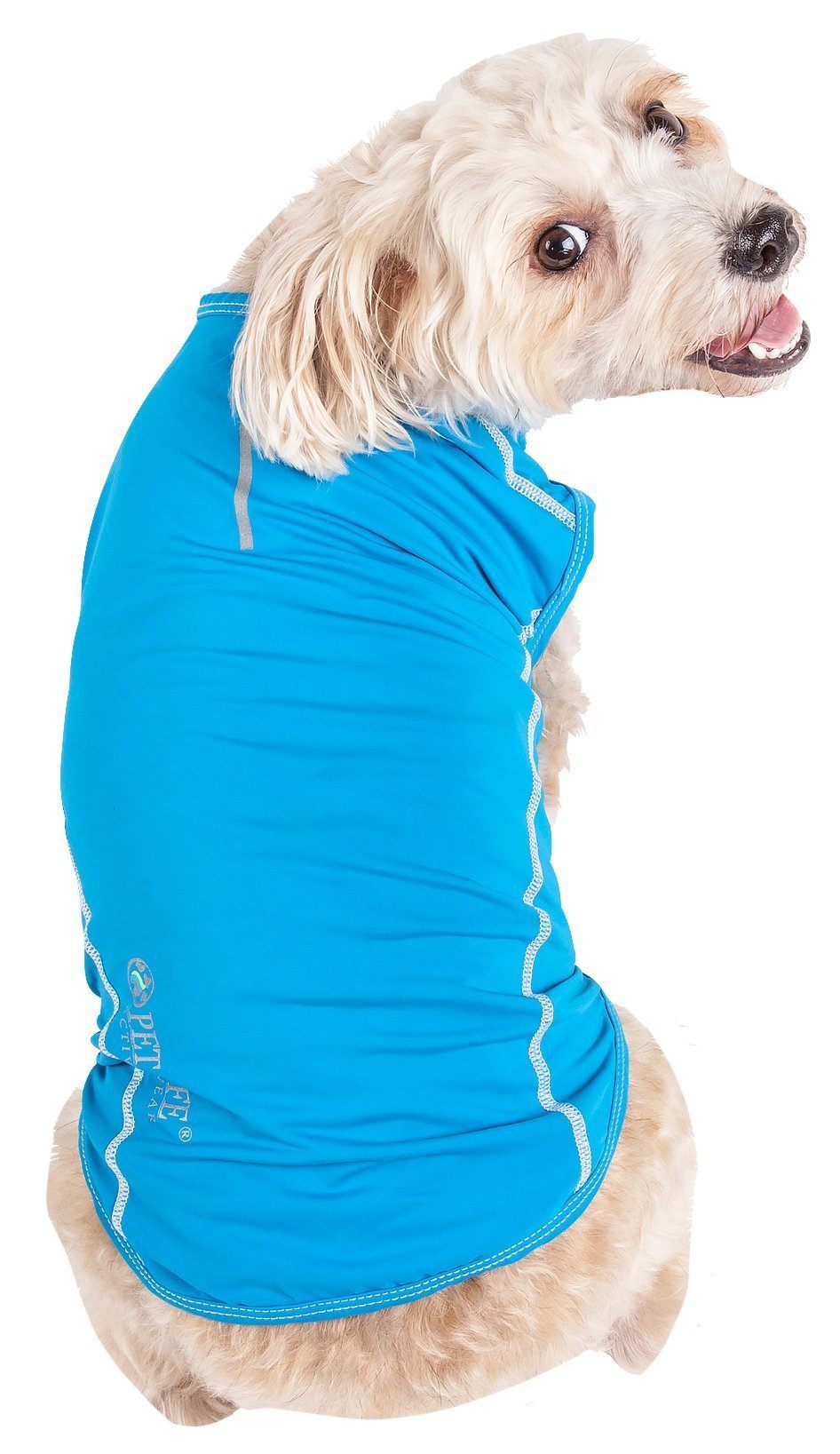Sky blue active dog tank shirt with white piping and vertical logo on side