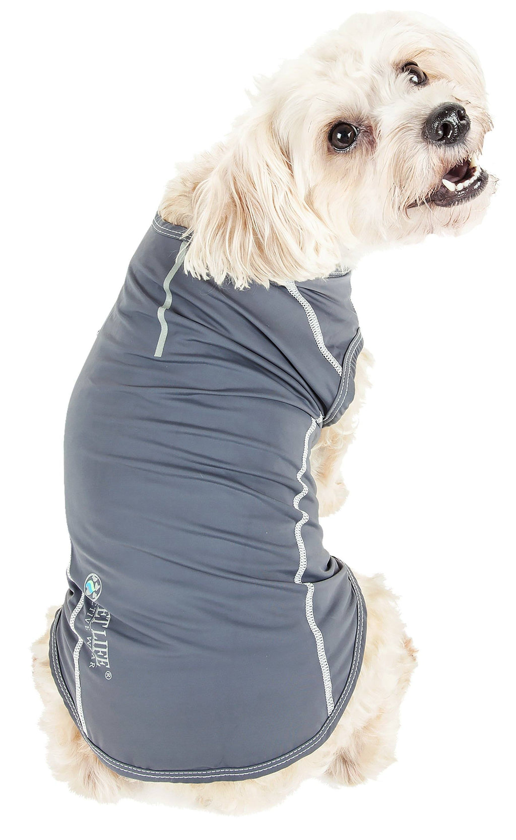 Gray active dog yoga tank top with white trim, zipper-style seam and logo